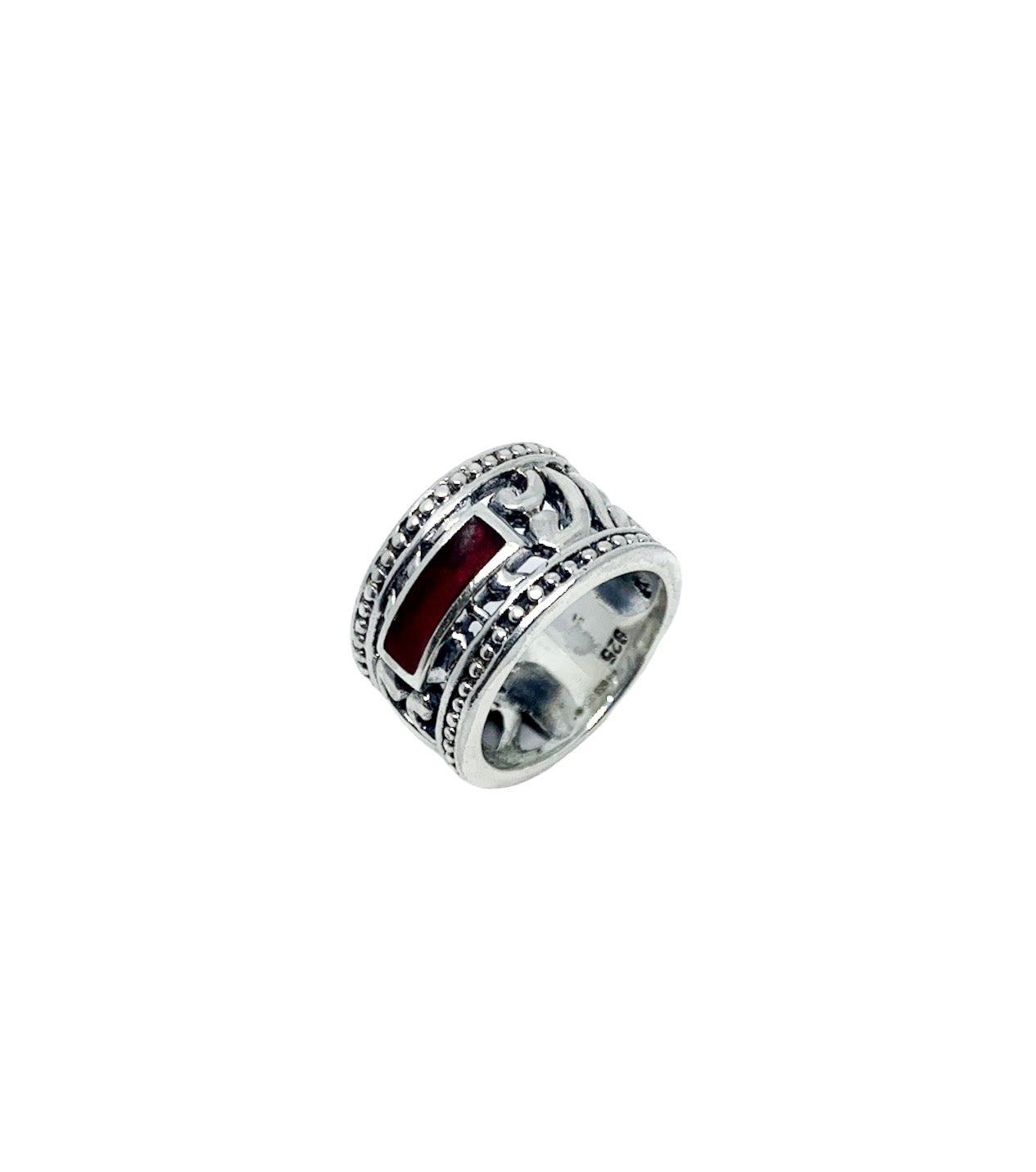 Handcrafted sterling silver 925 tribal men's ring with red ruby Colorit ceramic enamel 14.3mm size R- Tg-Jewellery By Tamara Gervasio