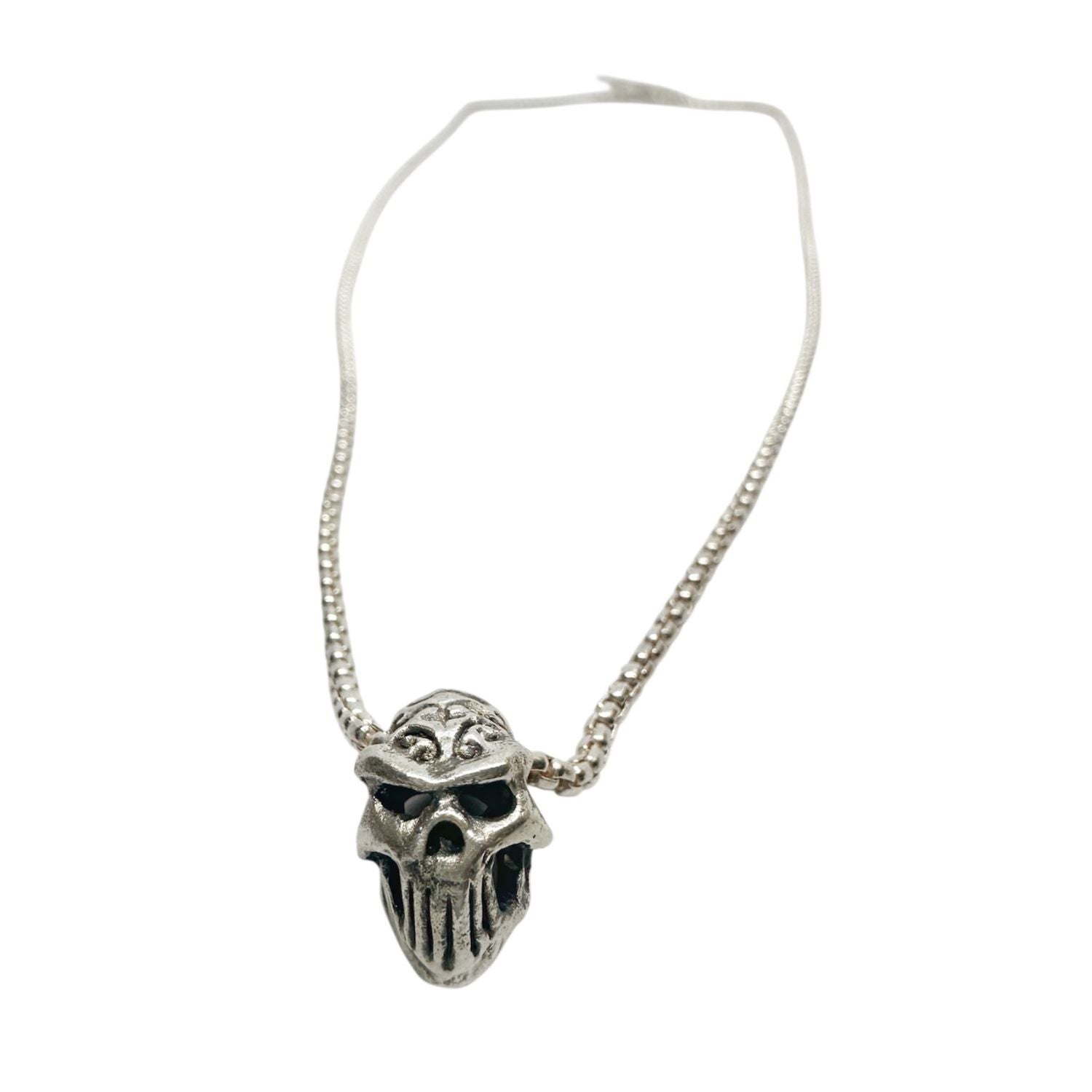 Hand-carved tribal skull sliding pendant necklace in sterling silver 925, box chain with T-bar clasp, made in Cornwall by TG-Jewellery