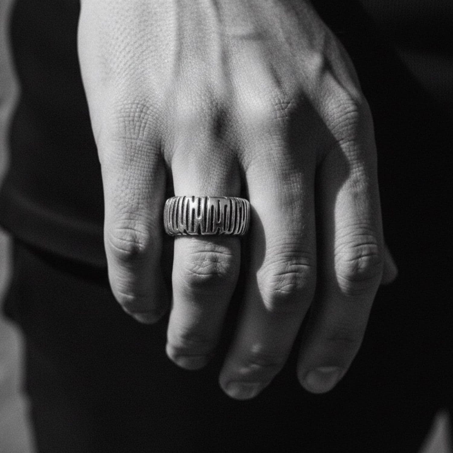 Model wearing sterling silver 925 Wheel Half Dome Ring, bold automotive-inspired sculptural presence on hand