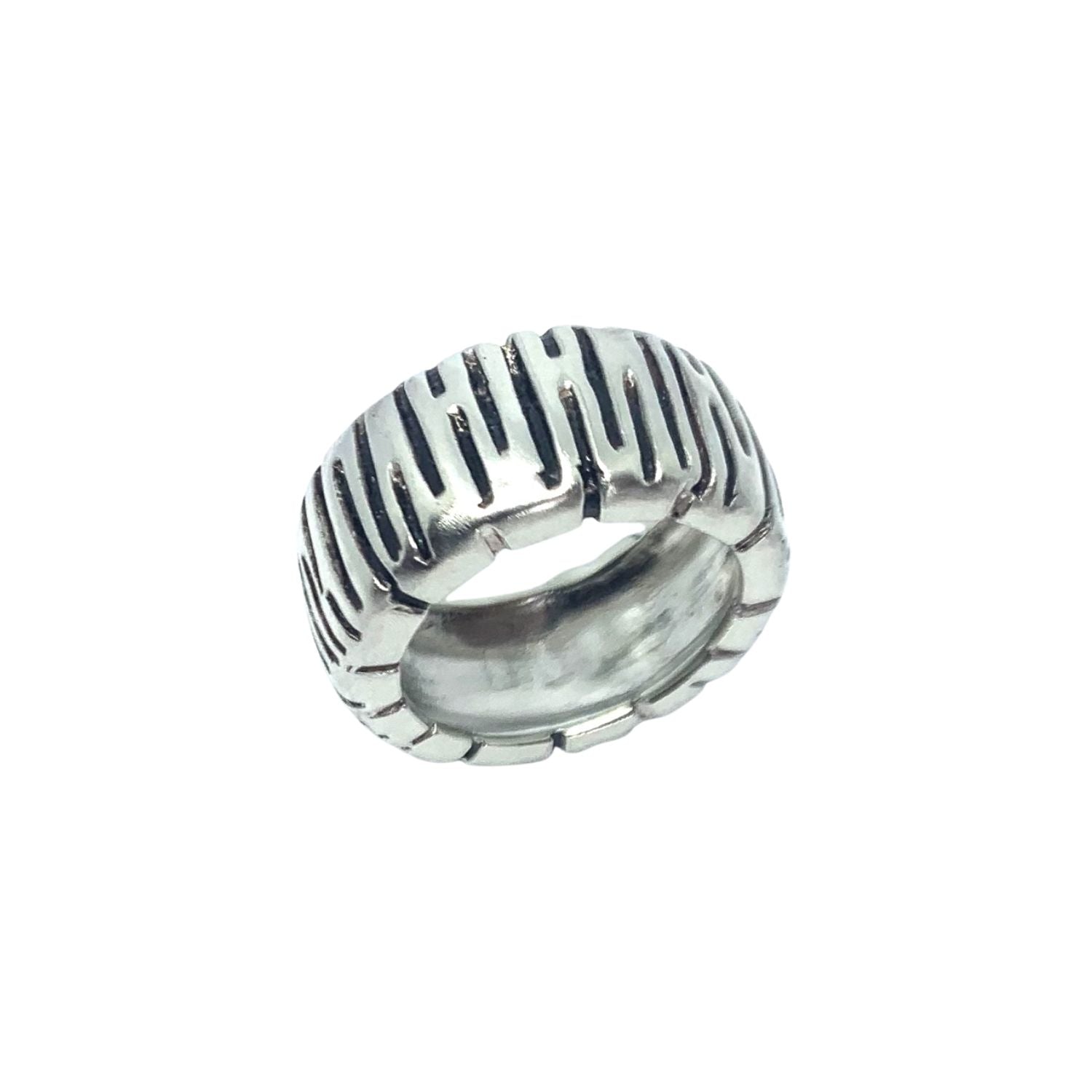 Sterling silver 925 Wheel Half Dome Ring with polished, oxidised and brushed finish, 11.36mm wide, handmade in Cornwall