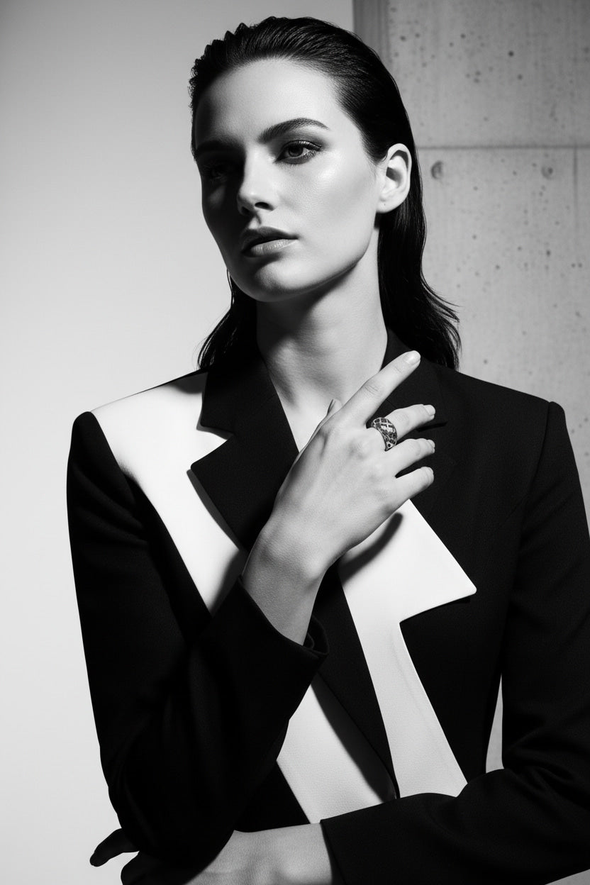 Model wearing the woven dome sterling silver 925 ring, showing scale and fit on hand - Tg-jewellery By Tamara Gervasio