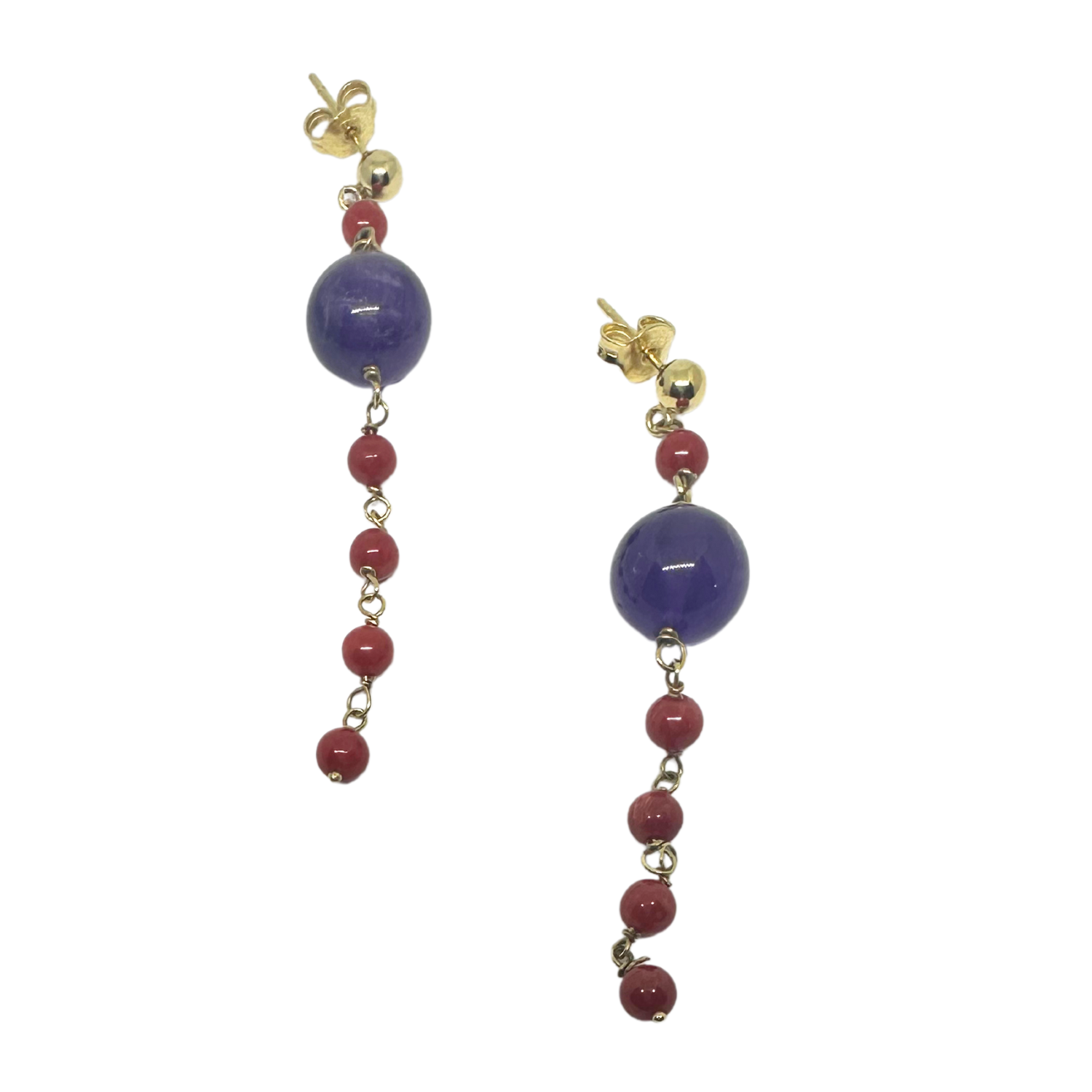 Detail shot of 18ct recycled yellow gold earrings with natural coral and amethyst beads – part of the Ancient Relics Collection Tg-Jewellery By Tamara Gervasio