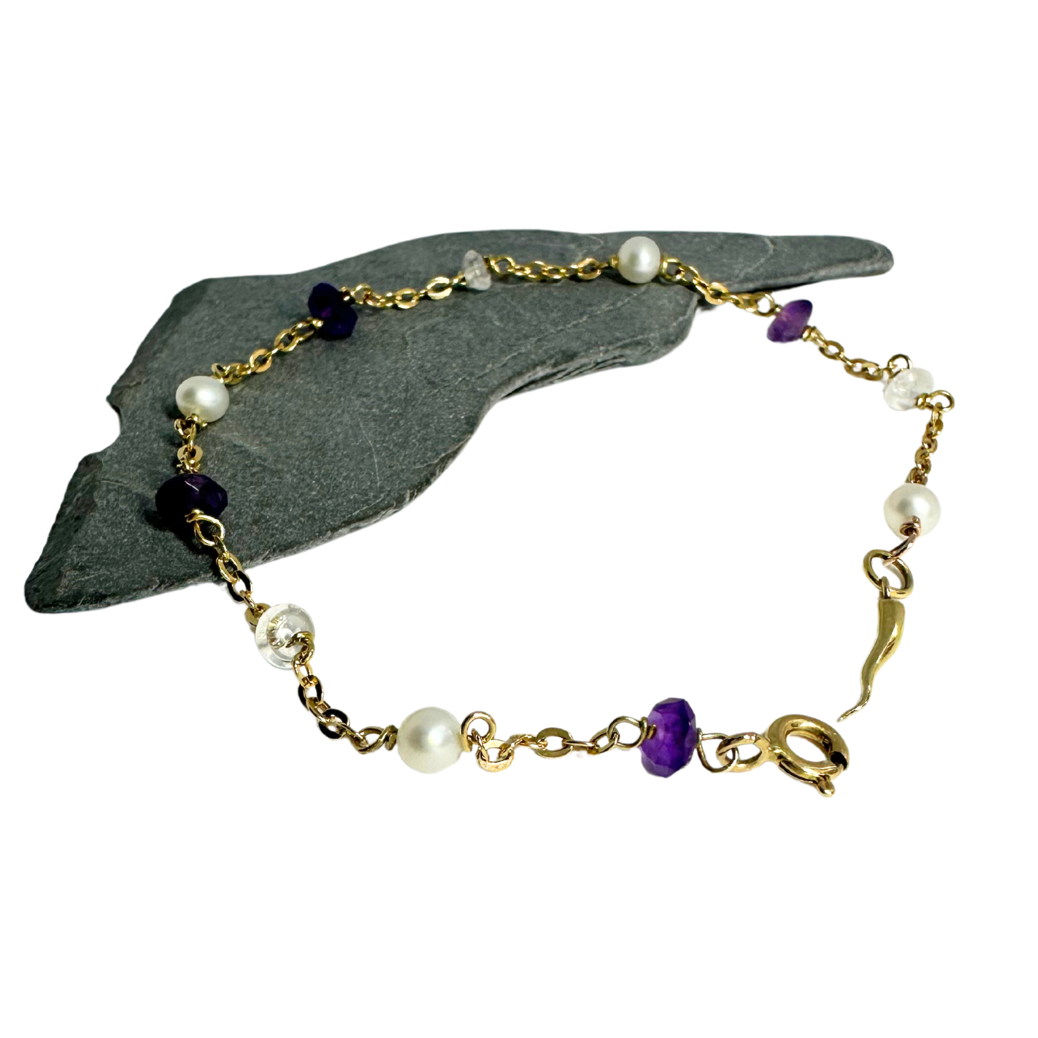 18ct recycled yellow gold Horn charm bracelet worn – delicate pearl and gemstone bracelet, one of a kind fine jewellery by Tamara Gervasio, Tg-Jewellery Cornwall