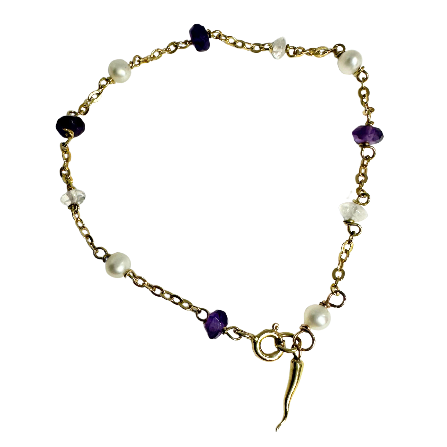Full view of 18ct recycled yellow gold lucky Horn charm bracelet with pearl, quartz and amethyst gemstones – one of a kind, part of the Ancient Relics Collection by Tg-Jewellery