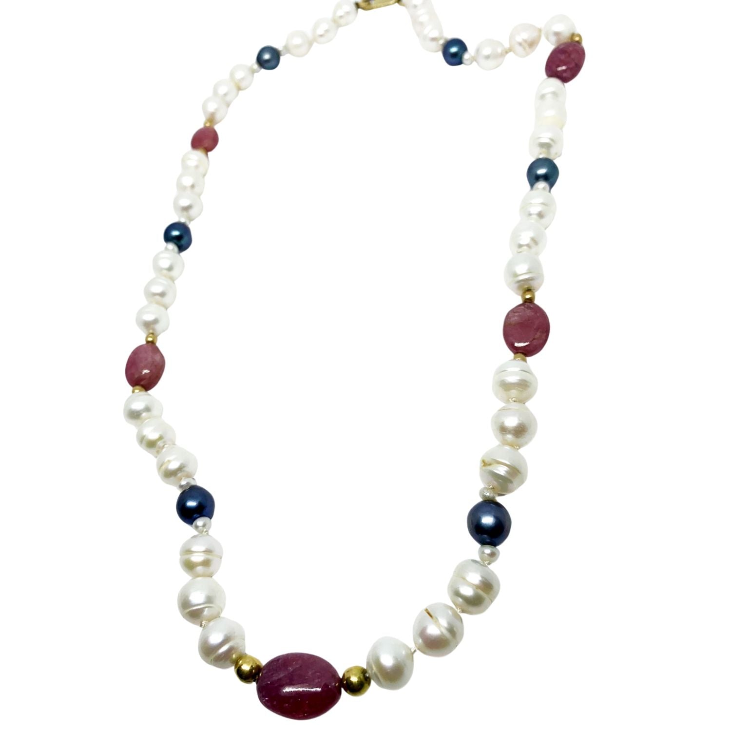 18ct Yellow Gold Pearl & Ruby Necklace – Full View | Hand-Knotted Silk - Tg-Jewellery By Tamara Gervasio