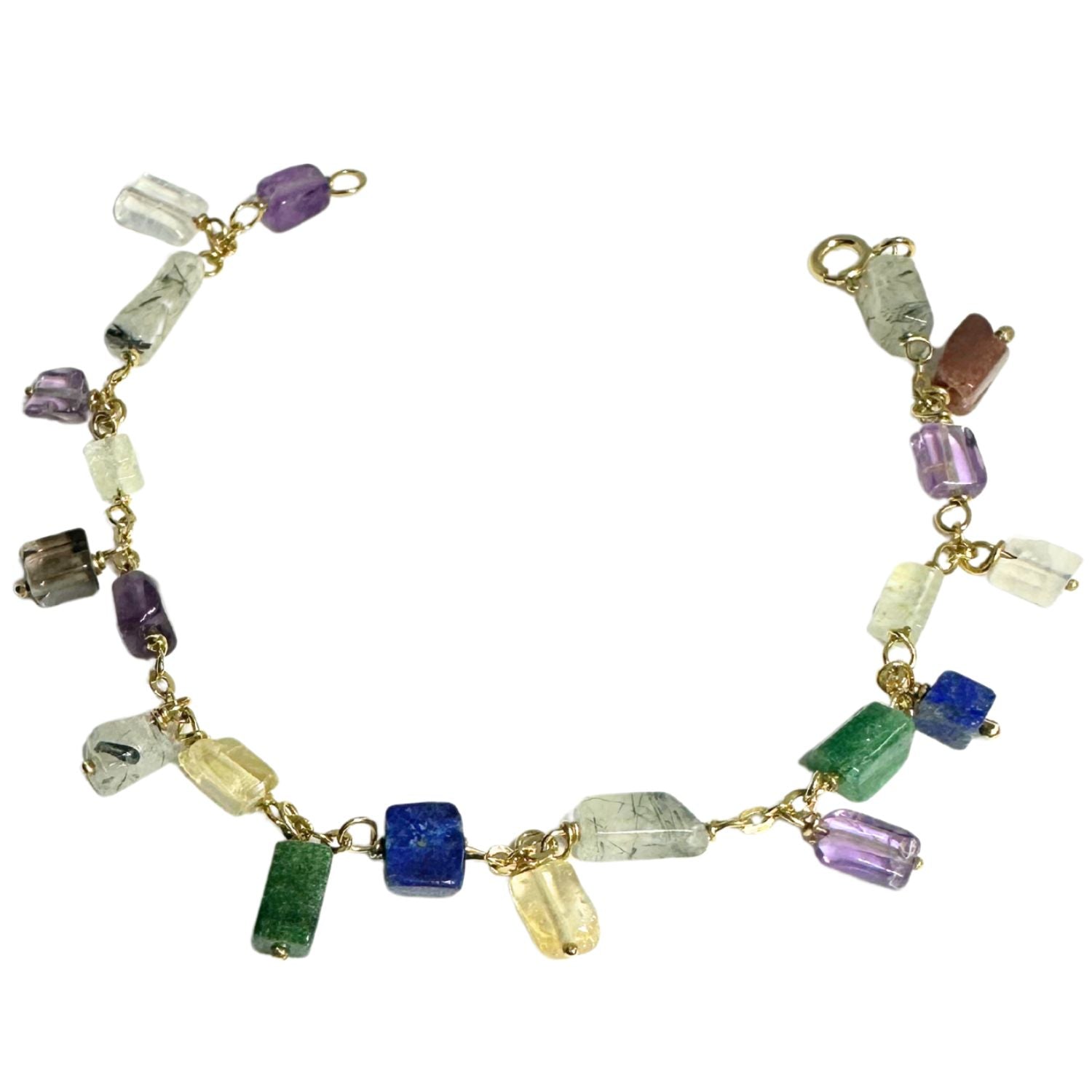 18ct recycled yellow gold bracelet with 21 natural multicoloured gemstone dangles — full view, handmade in Italy - Tg-Jewellery By Tamara Gervasio