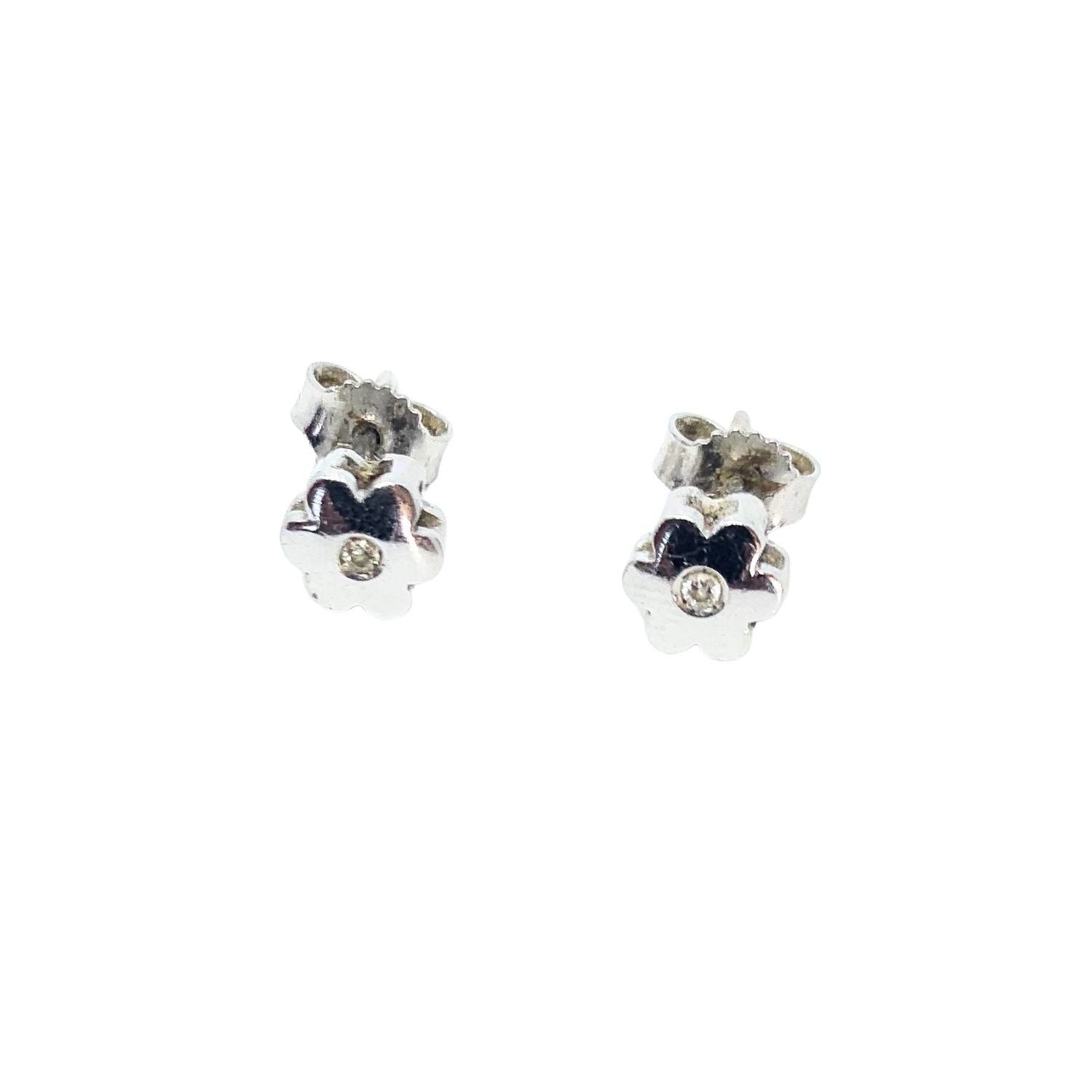 18ct white gold flower stud earrings full view — floral motif with natural diamonds, butterfly backs, Italian hallmarked