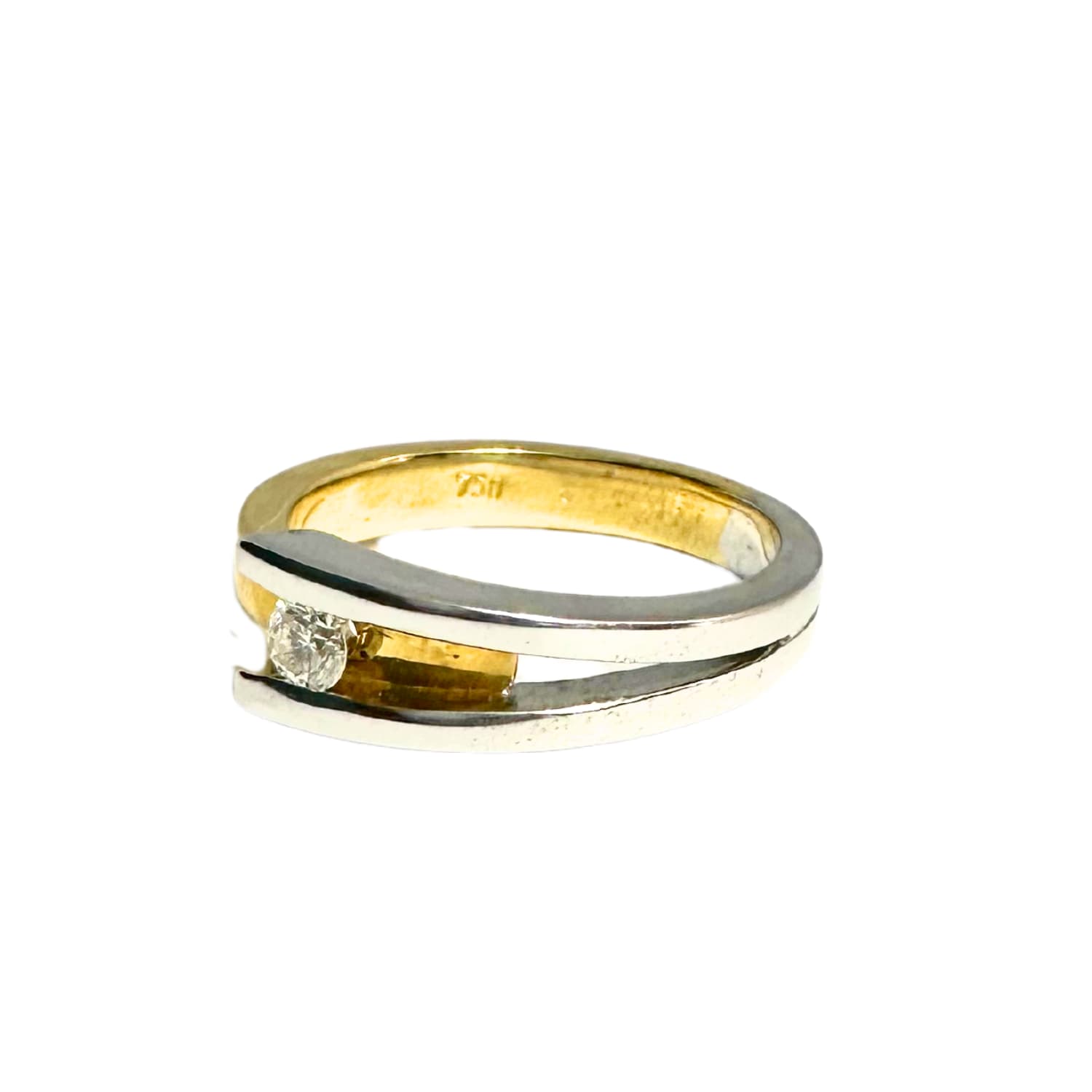 18ct yellow and white gold asymmetrical diamond ring — full view showing channel-set 0.15ct diamond and two-tone contrast, handmade in Italy - Tg-Jewellery By Tamara Gervasio