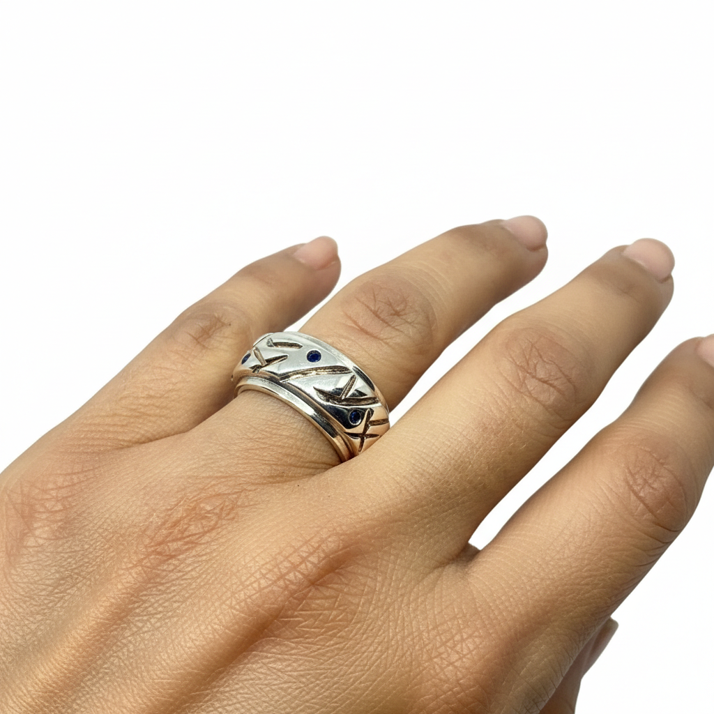 Abstract Chunky Sterling Silver Ring with Sapphire Gemstone