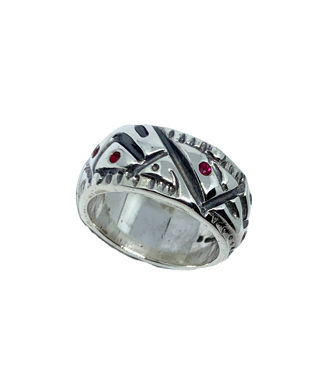 Sterling silver 925 abstract asymmetric men's ring set with 7 red rubies, 10.4mm wide, handmade in Cornwall - Tg-Jewellery By Tamara Gervasio