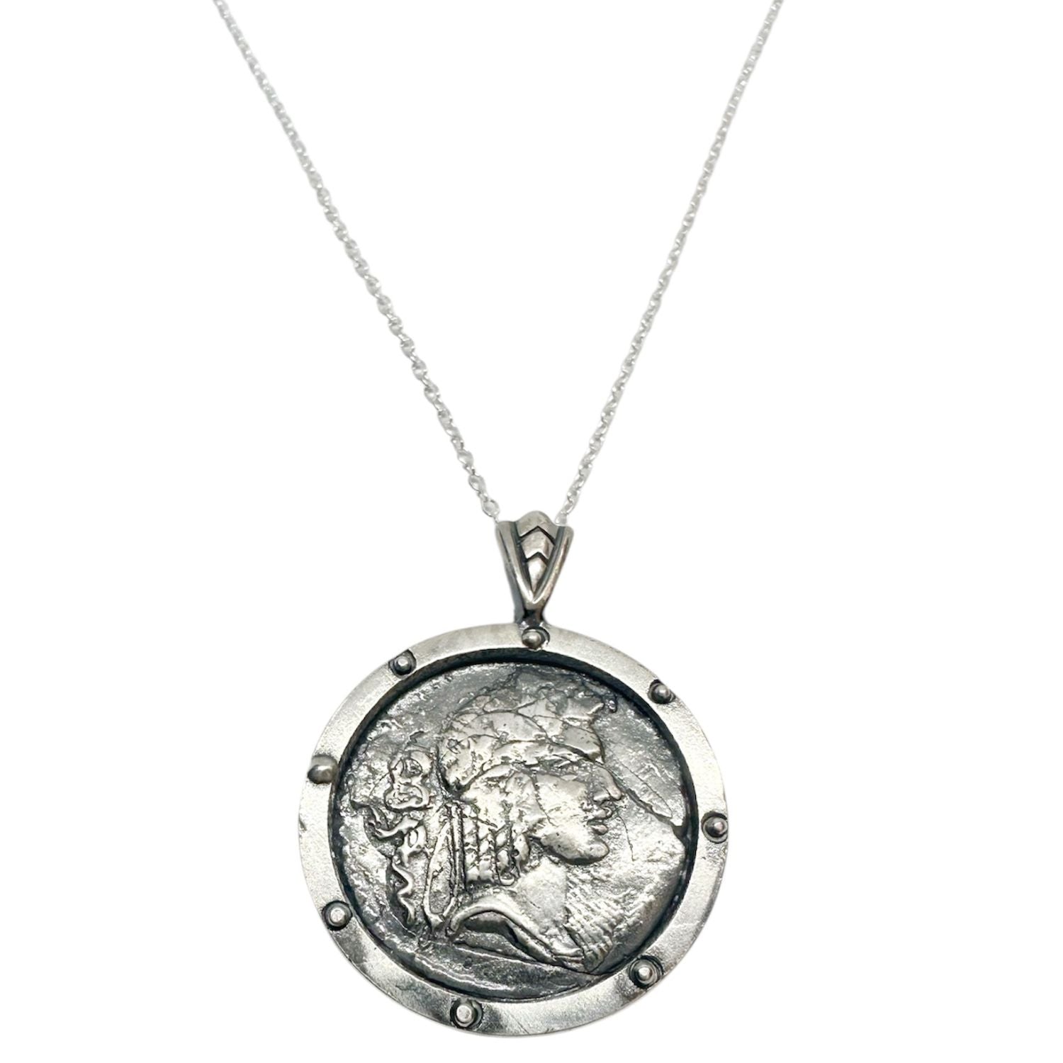 One of a Kind Ancient Coin Pendant Necklace in Sterling Silver 925 — Full Necklace View — Handmade by Tamara Gervasio