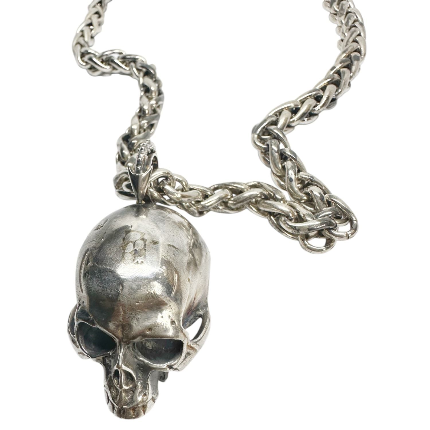 Bold Skull Necklace in Sterling Silver 925 — Front View — Skull Pendant and 8.20mm Spiga Chain — 201.4g — Archive Piece — Handmade by Tamara Gervasio