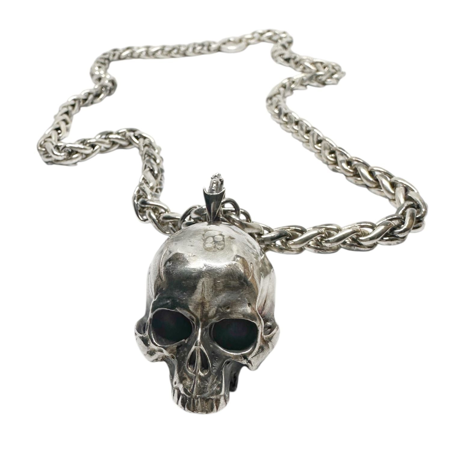 Bold Skull Necklace in Sterling Silver 925 — Full View — Hand-Carved Skull Pendant 31.28mm x 59.64mm — Oxidised and Polished Finish — Archive Piece — Now in Billy Idol's Collection — Handmade by Tamara Gervasio"