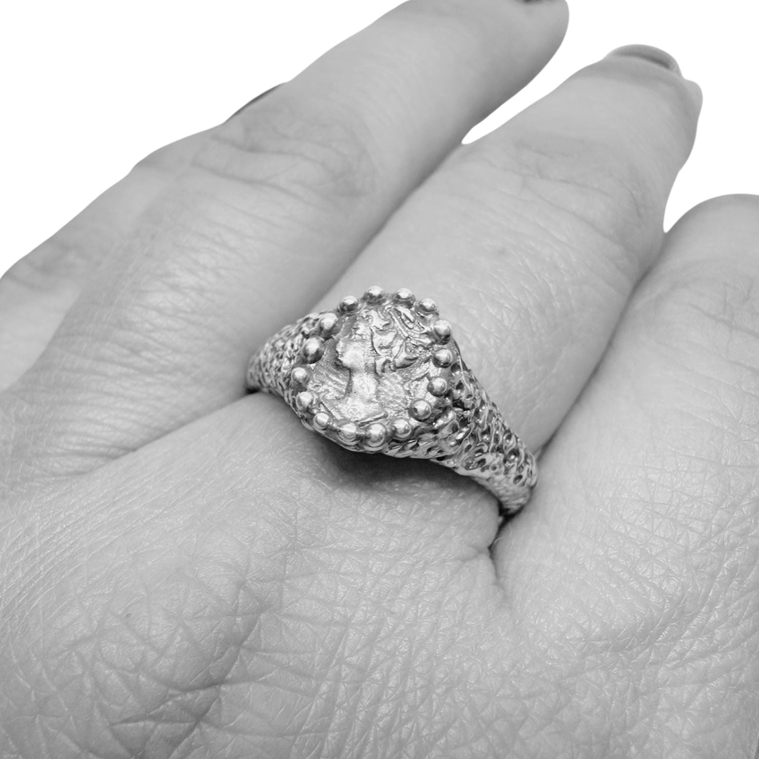One of a Kind Cameo Muse Ring in Sterling Silver 925 — Full Ring View — Handmade by Tamara Gervasio