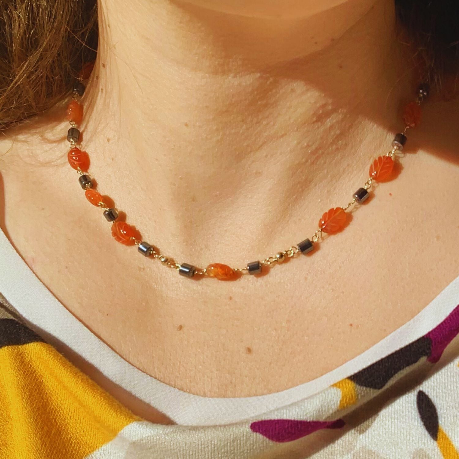 Carnelian Leaf & Hematite Necklace – 18 Yellow Gold - Tg-Jewellery By Tamara Gervasio