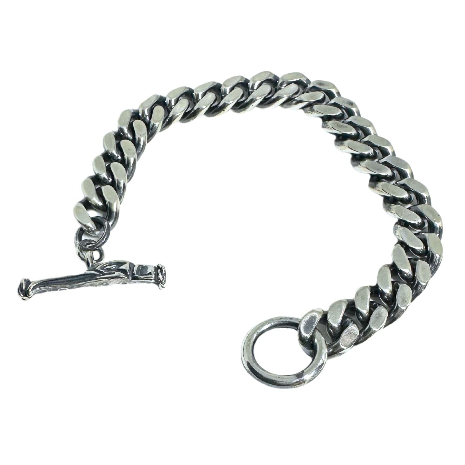 Celtic Bird curb chain bracelet in sterling silver 925 — full view of 12mm links with hand-carved T-bar clasp, polished and oxidised finish- Tg-Jewellery By Tamara Gervasio
