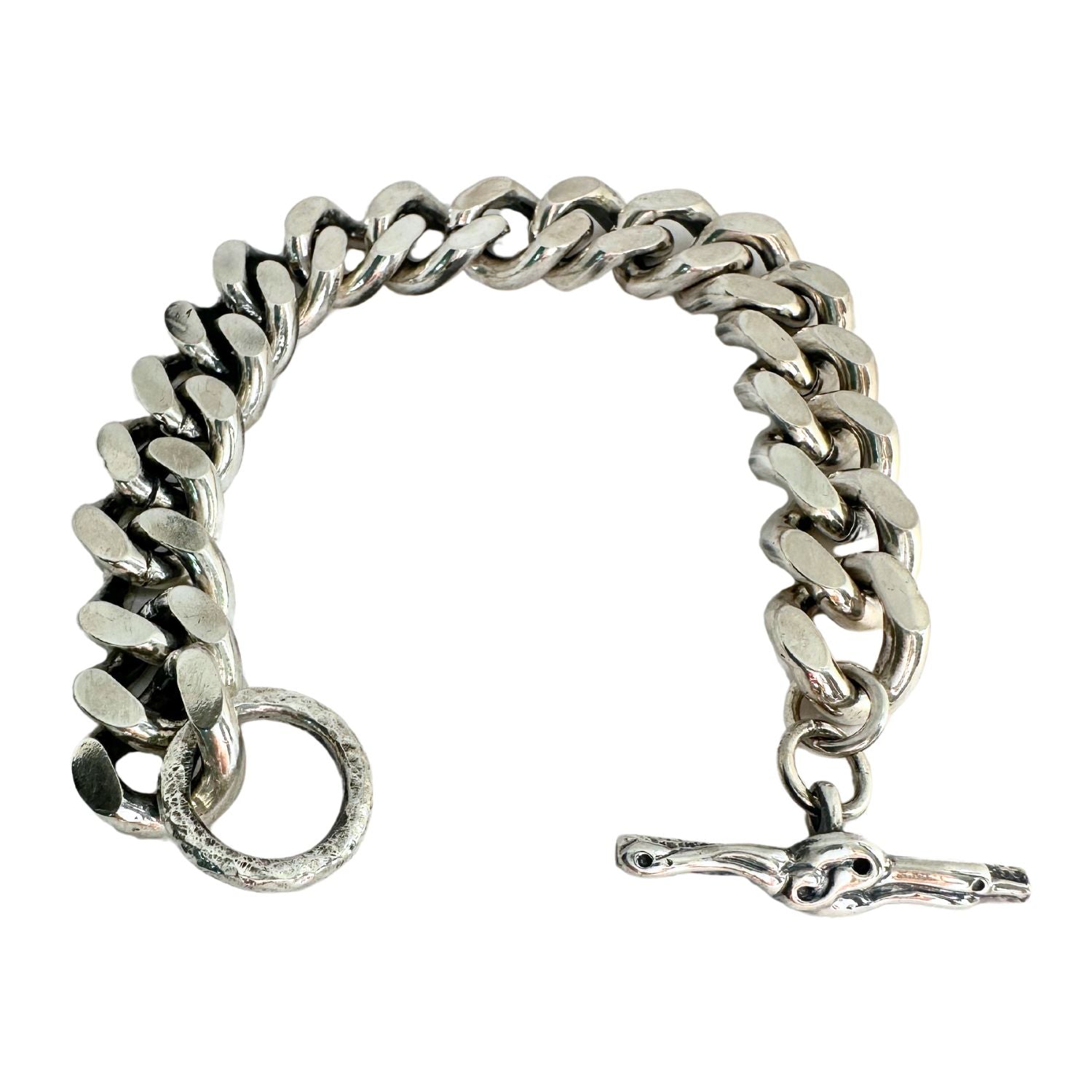 Celtic Dog T-bar curb chain bracelet in sterling silver 925 — 15mm wide, 22.5cm, 99.2g, polished and oxidised finish, UK hallmarked - Tg-Jewellery By Tamara Gervasio