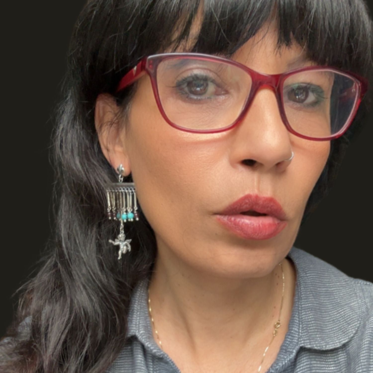 Cherub Chandelier Earrings in Sterling Silver 925 — Cascading Chains with Garnet and Turquoise Beads — Handmade by Tamara Gervasio