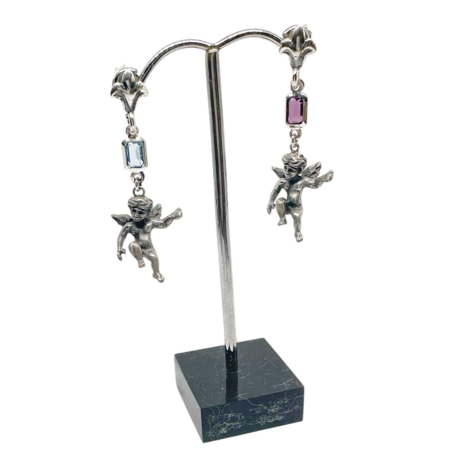 Cherub Drop Earrings in Sterling Silver 925 — Asymmetric Pair Side View — One of a Kind — Handmade by Tamara Gervasio