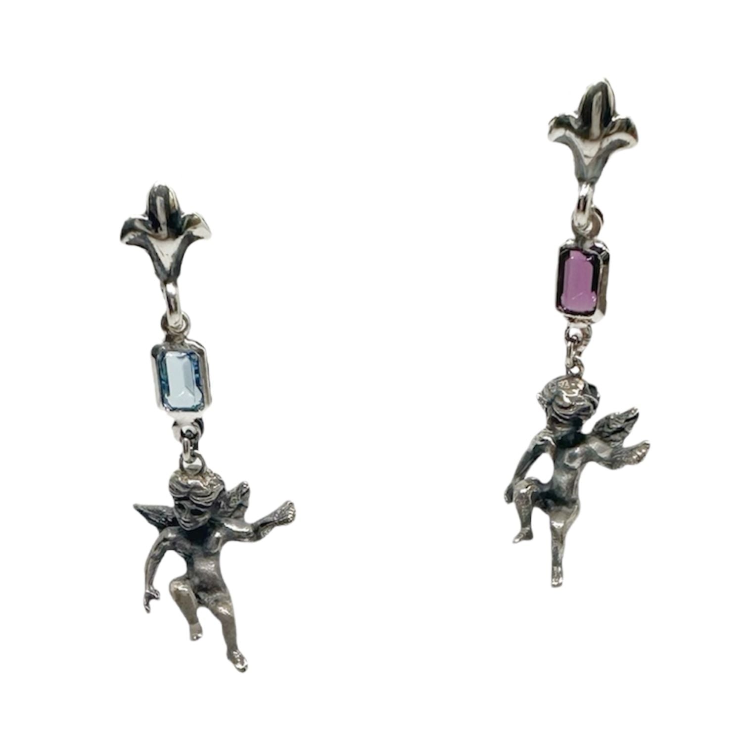 Cherub Drop Earrings in Sterling Silver 925 with Amethyst and Aquamarine — Front View — One of a Kind — Handmade by Tamara Gervasio