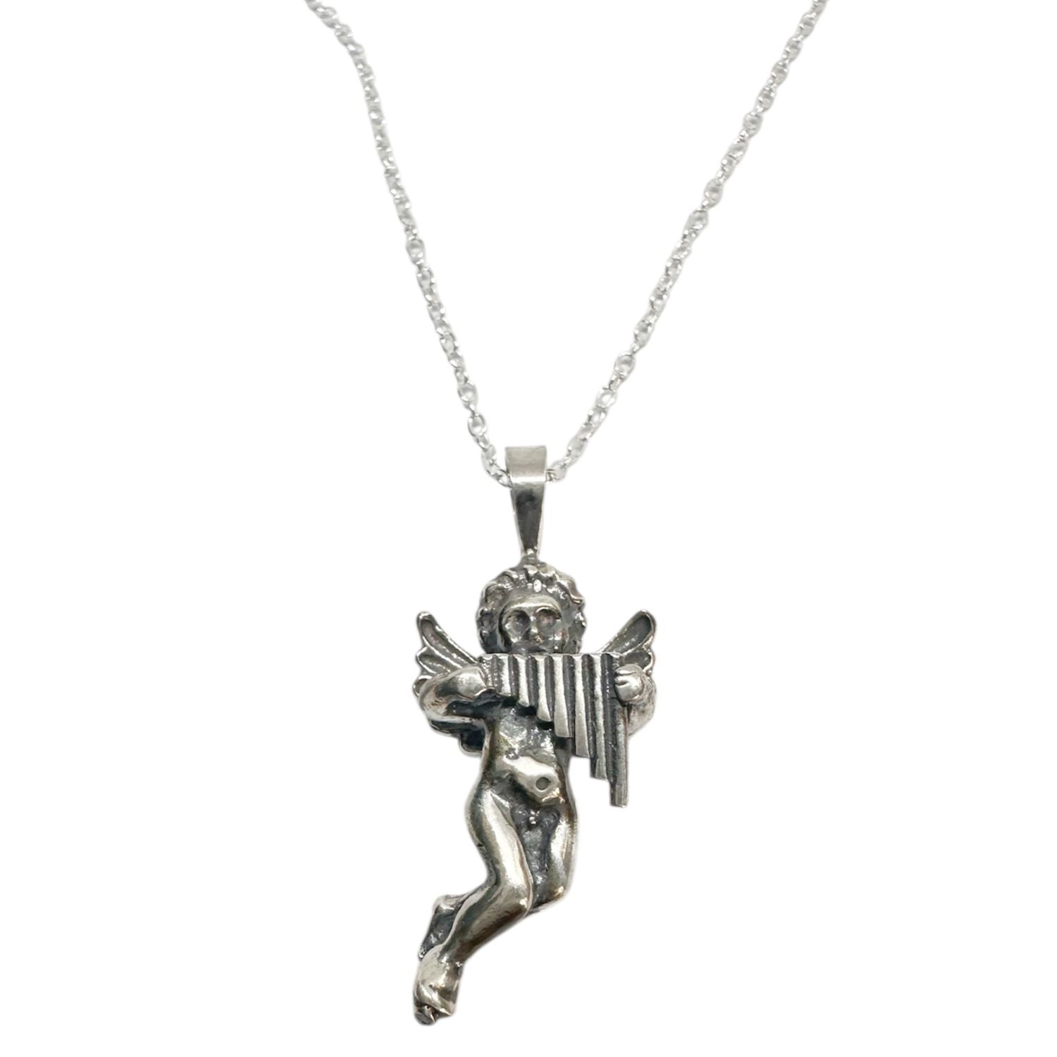 Cherub Panflute Pendant Necklace in Sterling Silver 925 — Front View — Handmade by Tamara Gervasio