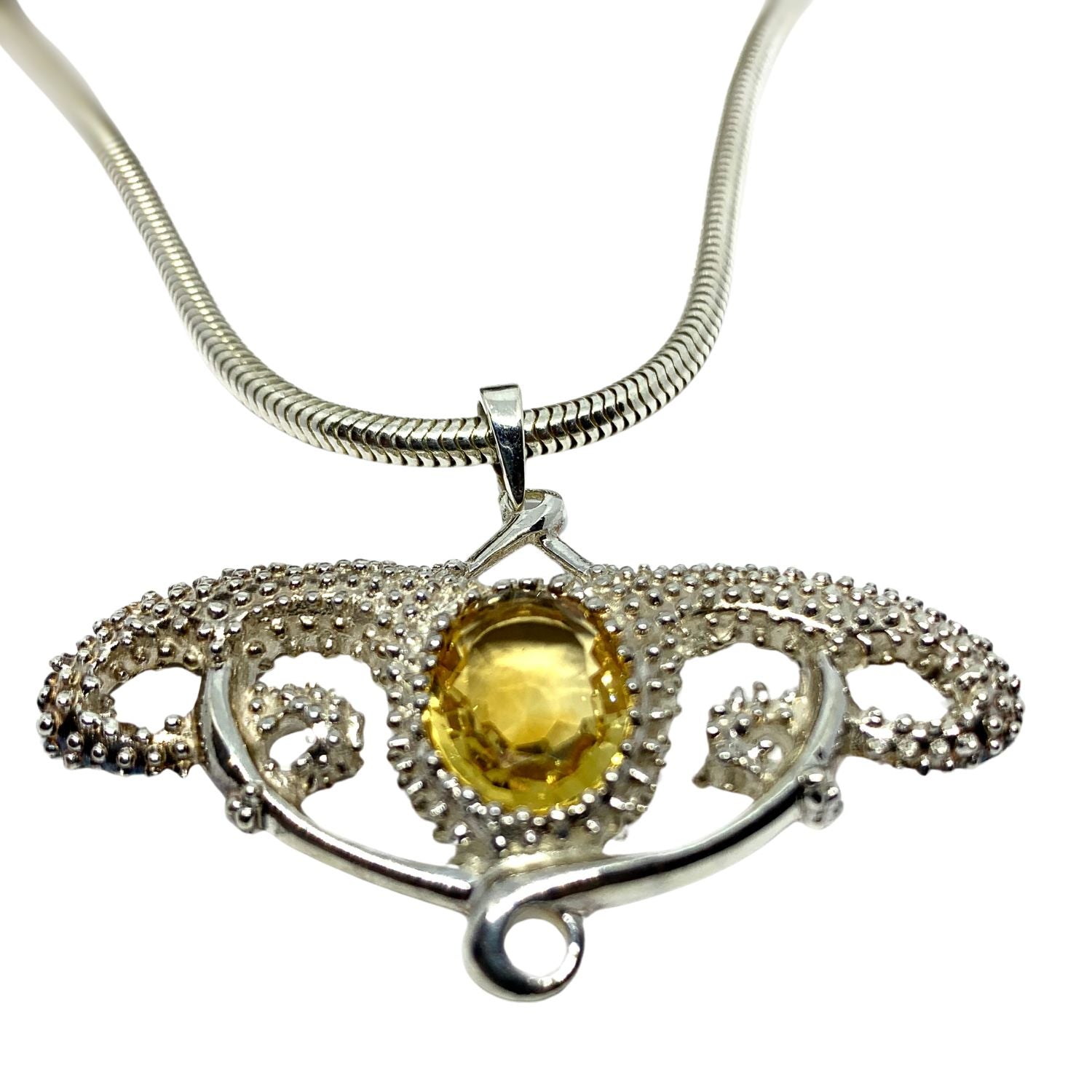 Close-up of Sea Urchin Pendant – sterling silver 925 with citrine gemstone, UK Hallmarked, 55.65mm