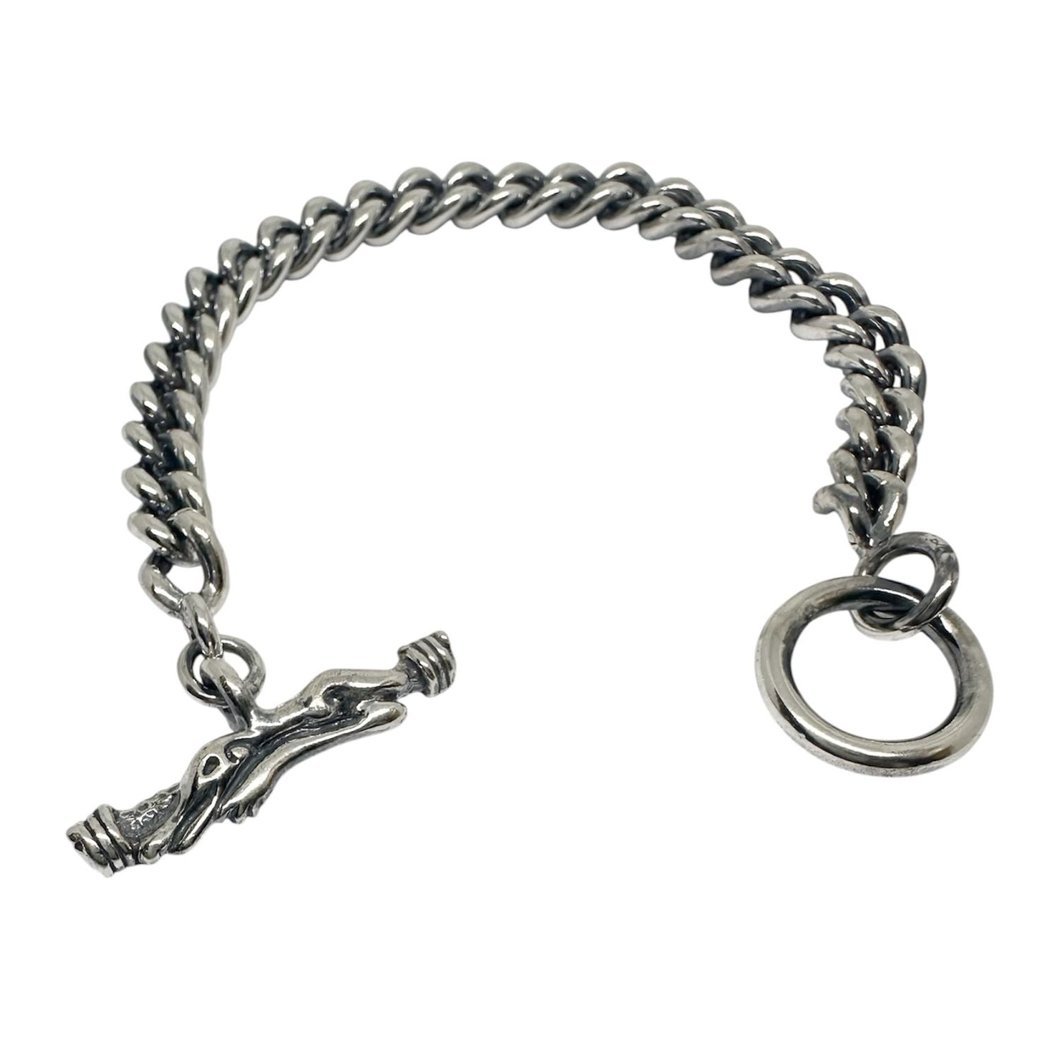 Sterling silver 925 curb chain bracelet with Celtic-Crocodile T-bar clasp open, showing clasp detail – Tg-Jewellery by Tamara Gervasio