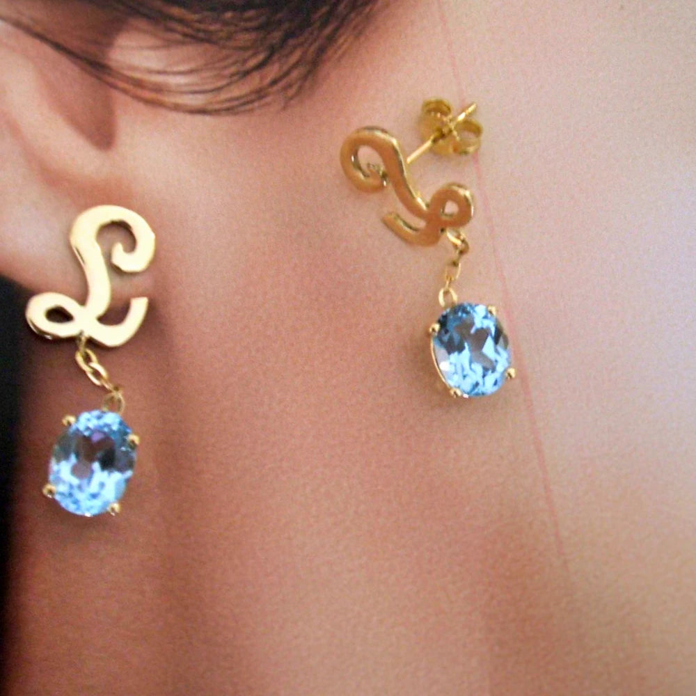 A pair of custom initial L name with recycle 18ct yellow gold and aquamarine