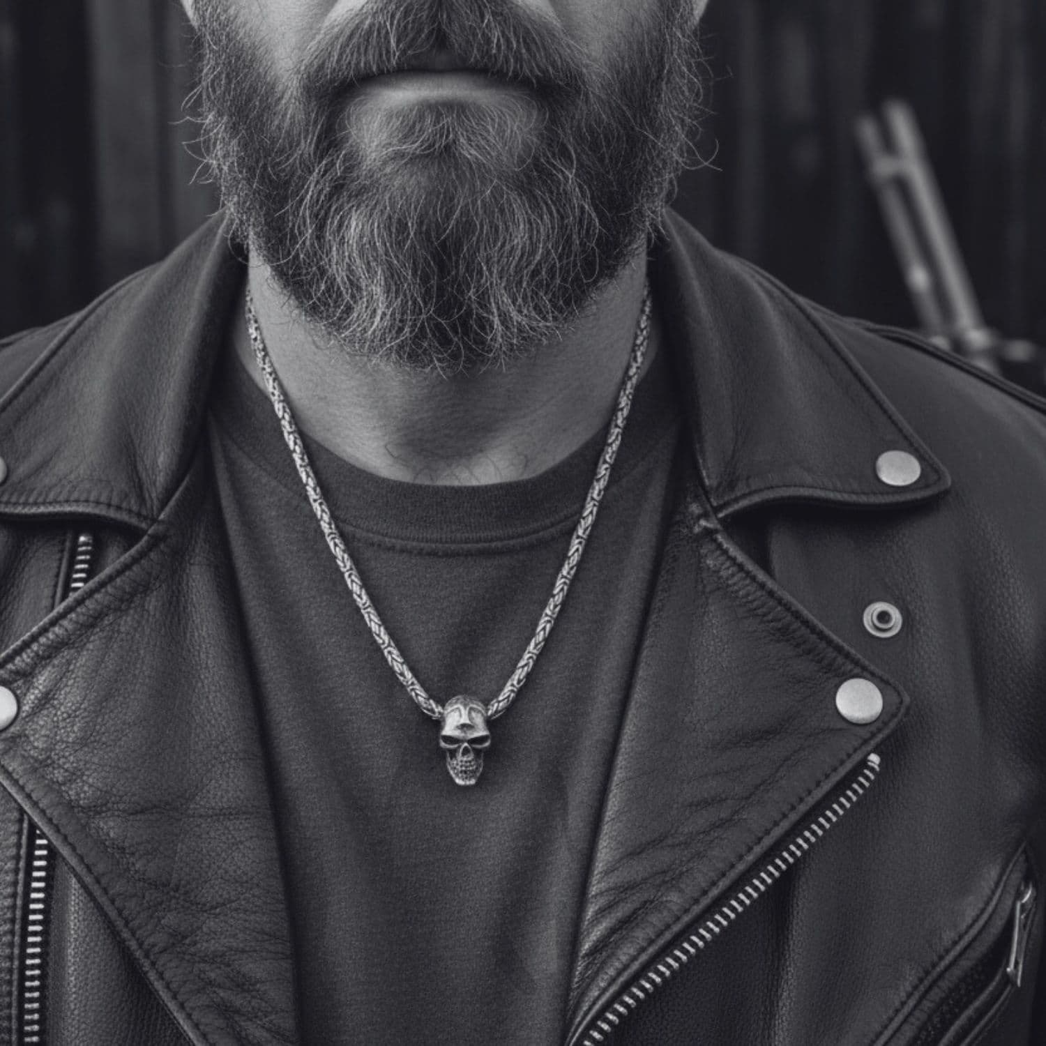 Japanese Good Luck Skull Necklace in Sterling Silver 925 — Worn — Skull Pendant with Hand-Engraved Japanese Symbol — Byzantine Chain — One of a Kind — Handmade by Tamara Gervasio