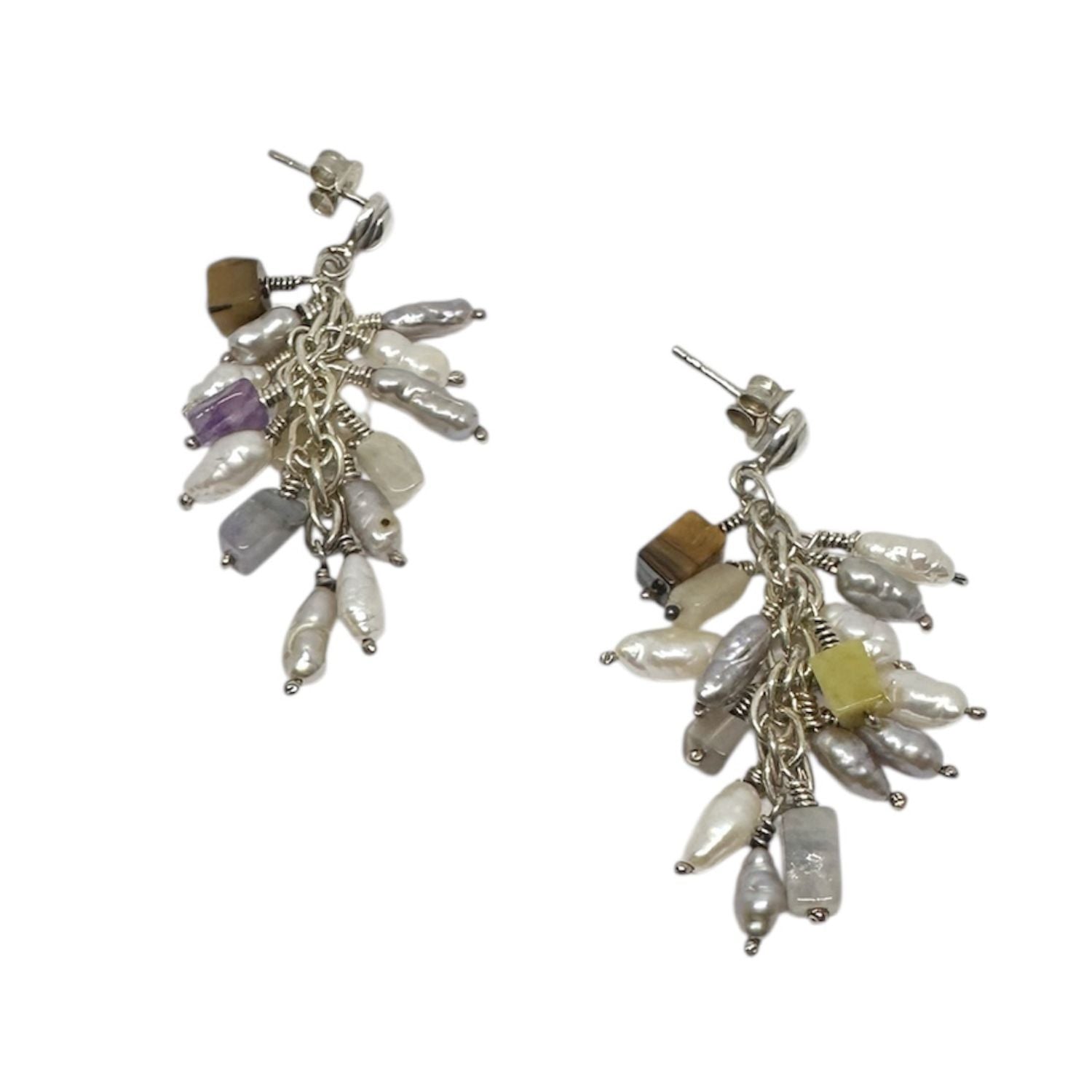 Grappolo Gemstone Drop Earrings – Front View | Pearls, Amethyst, Tiger Eye & Sodalite in Recycled Silver - Tg-Jewellery By Tamara Gervasio