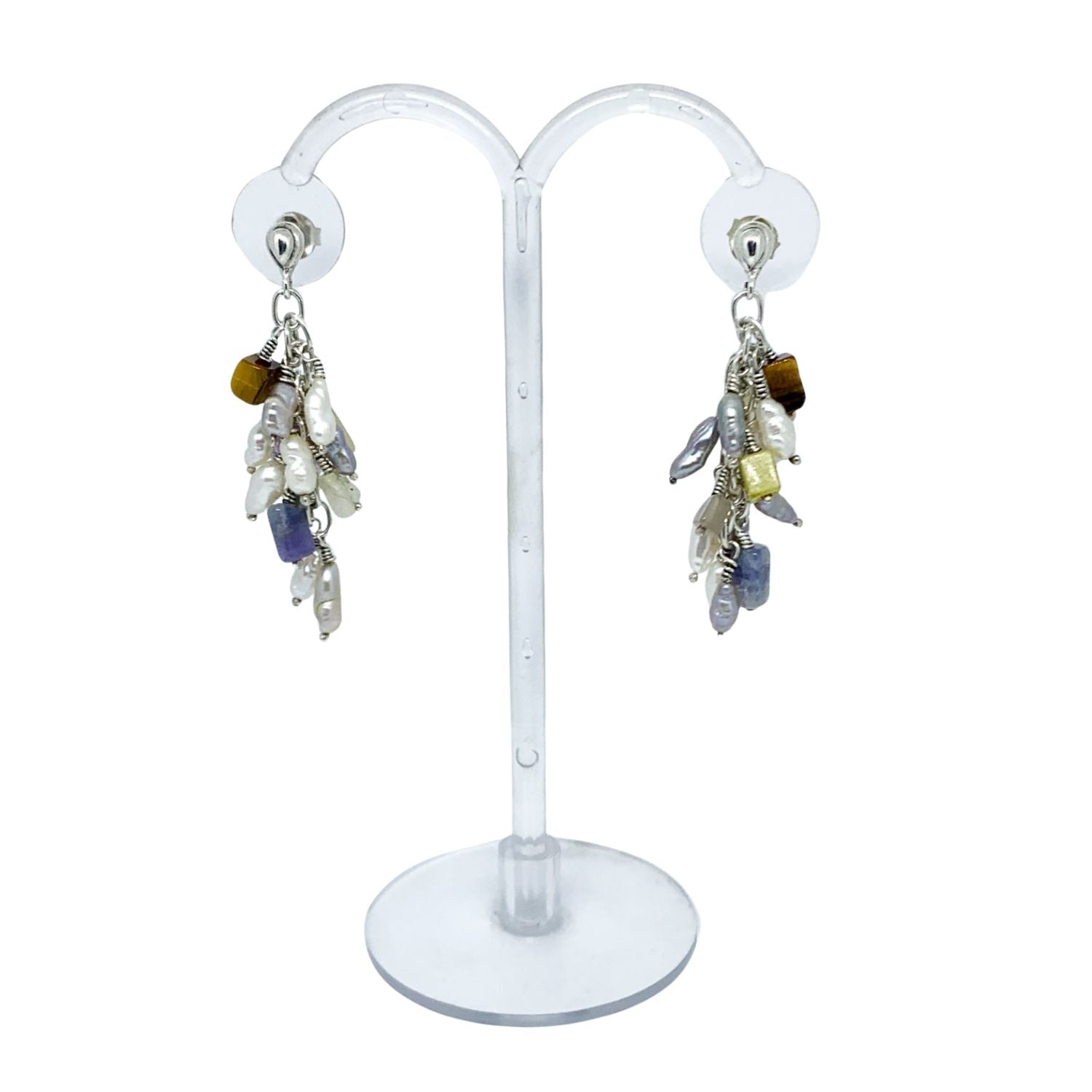 Grappolo Gemstone Drop Earrings – Close-Up | Pearls, Amethyst, Tiger Eye & Sodalite in Recycled Silver - Tg-Jewellery By Tamara Gervasio