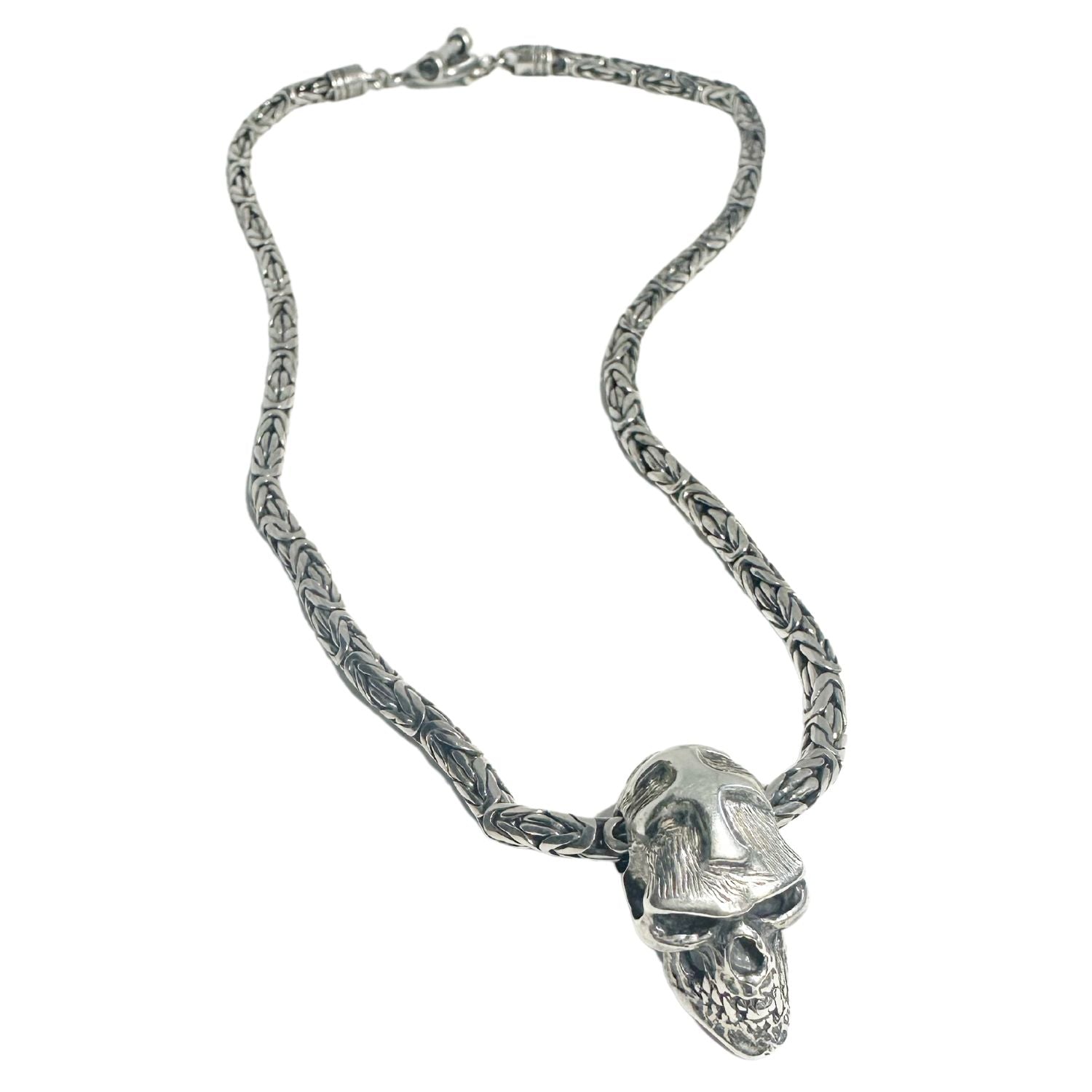 Japanese Good Luck Skull Necklace in Sterling Silver 925 — Full View — Hand-Engraved Japanese Symbol for Good Luck — Byzantine Chain 41cm — One of a Kind — Handmade by Tamara Gervasio