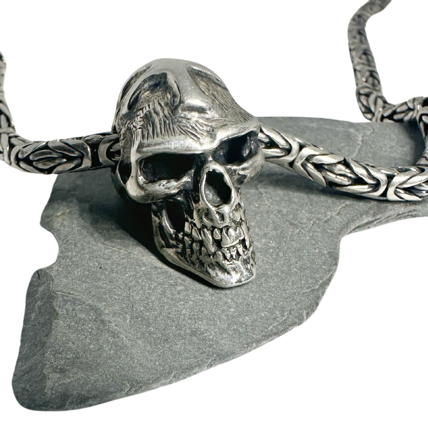 Japanese Good Luck Skull Necklace in Sterling Silver 925 — Skull Pendant and Byzantine Chain Detail — 3.61mm Chain Width — Lost Wax Cast — Handmade by Tamara Gervasio