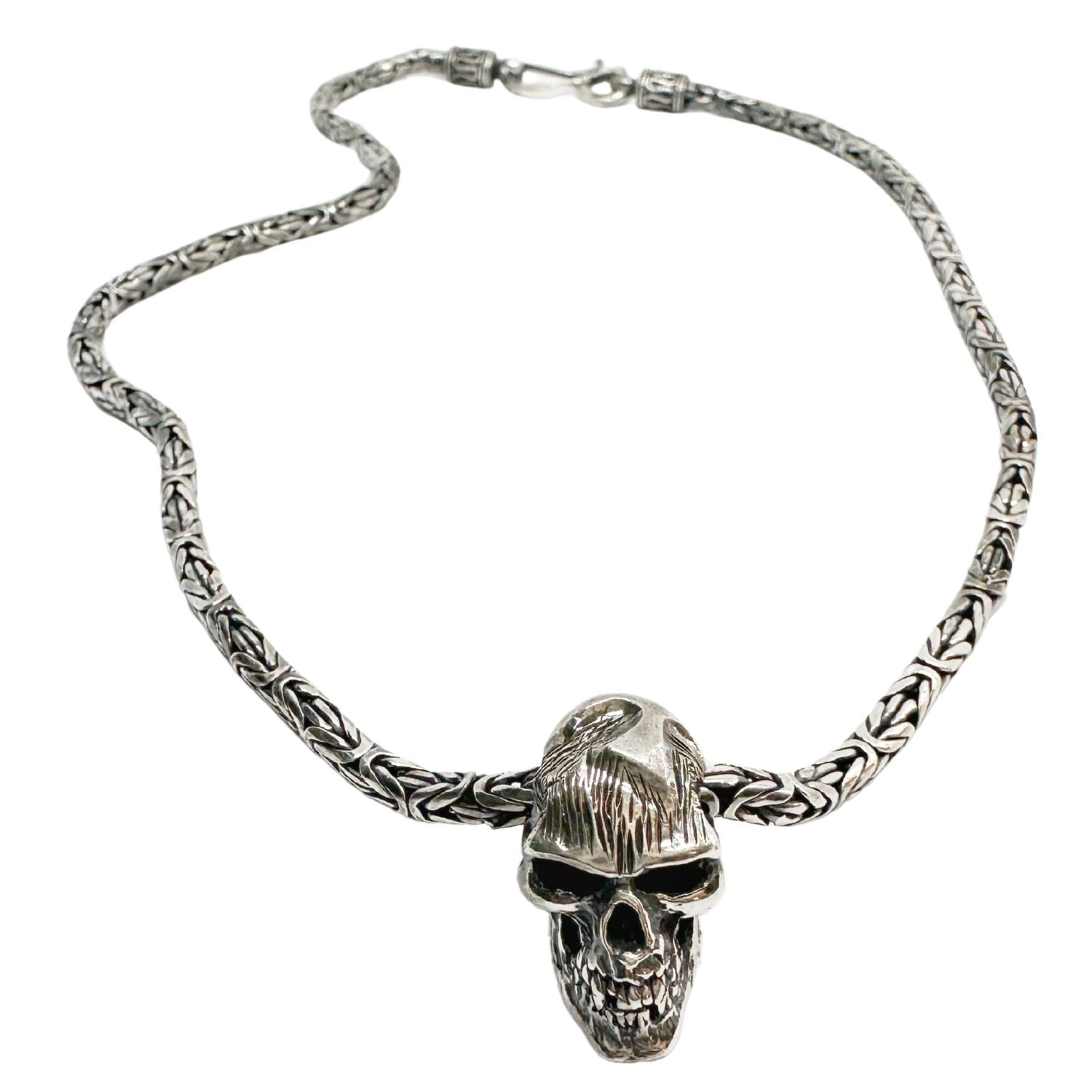 Japanese Power Skull Necklace in Sterling Silver 925 — Full View — Hand-Engraved Japanese Symbol for Power on Skull Crown — Flat Byzantine Chain 45.5cm — One of a Kind — Handmade by Tamara Gervasio