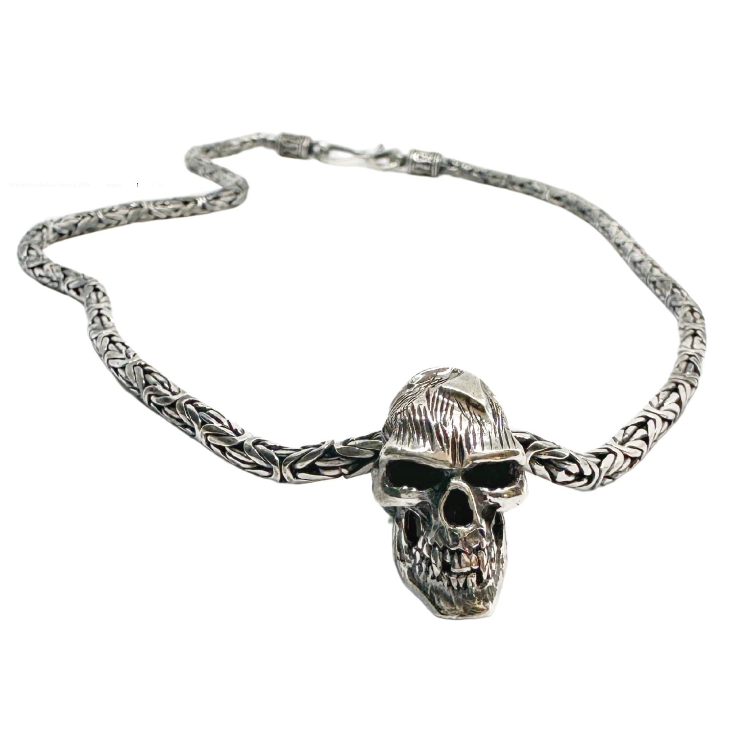 Japanese Power Skull Necklace in Sterling Silver 925 — Full Length — Flat Byzantine Chain 3.5mm Wide — 49.6g — UK Hallmark and TG Maker's Mark — Handmade in Cornwall by Tamara Gervasio