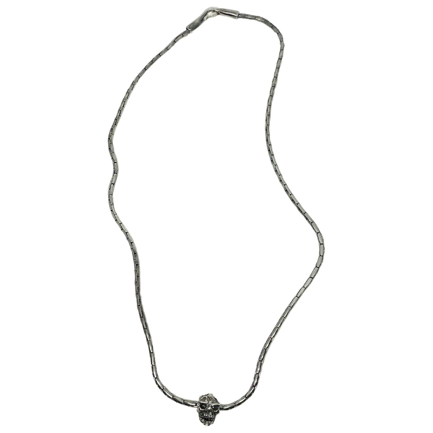 Japanese Power Skull Sliding Pendant Necklace in Sterling Silver 925 — Full View — Skull Slides Freely on 2.4mm Paloma Chain 49cm — Japanese Power Symbol Carved in Wax — UK Hallmarked — Handmade by Tamara Gervasio
