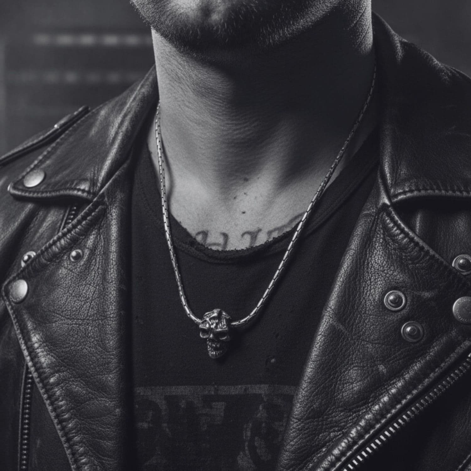 Japanese Power Skull Sliding Pendant Necklace in Sterling Silver 925 — Worn — Sliding Skull Pendant on Paloma Chain — Oxidised and Polished Finish — Handmade by Tamara Gervasio