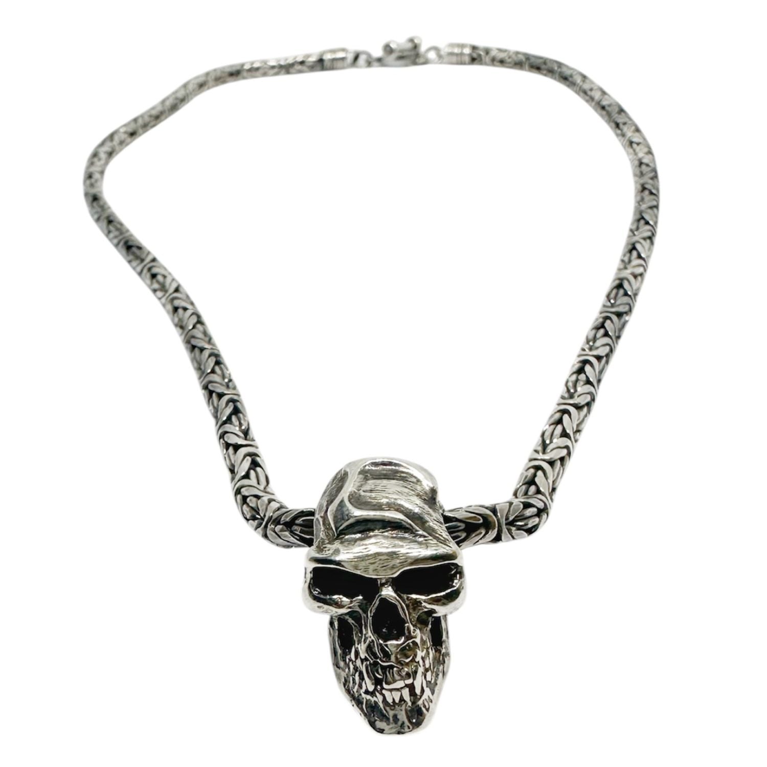 Japanese Oneself Skull Necklace in Sterling Silver 925 — Full Length — Byzantine Chain 3.5mm Wide — T-Bar Clasp — UK Hallmark and TG Maker's Mark — Handmade in Cornwall by Tamara Gervasio
