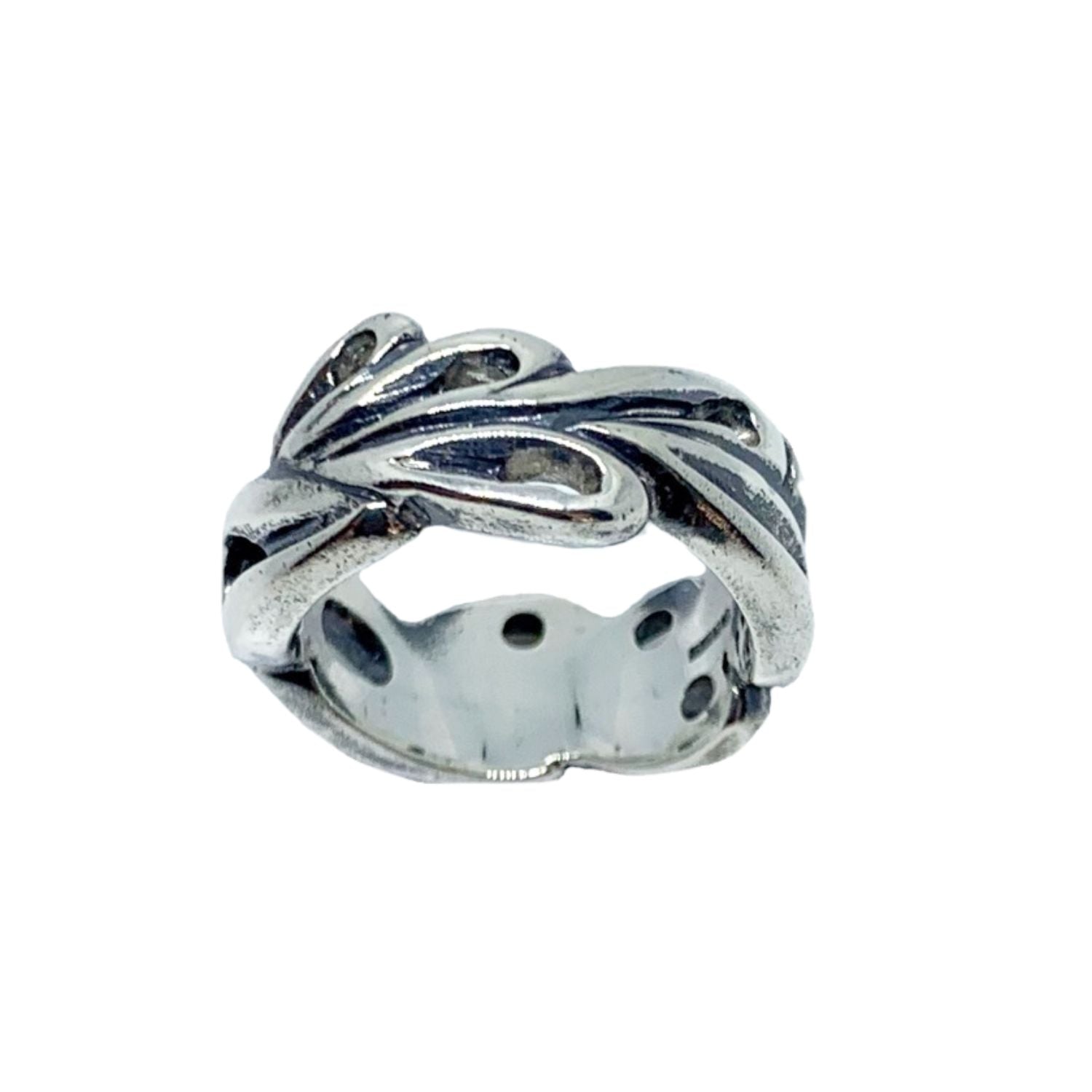 Le Foglie sterling silver 925 ring in oxidised and polished finish — carved asymmetrical leaf motifs, 11mm wide, lost wax technique - Tg-Jewellery By Tamara Gervasio