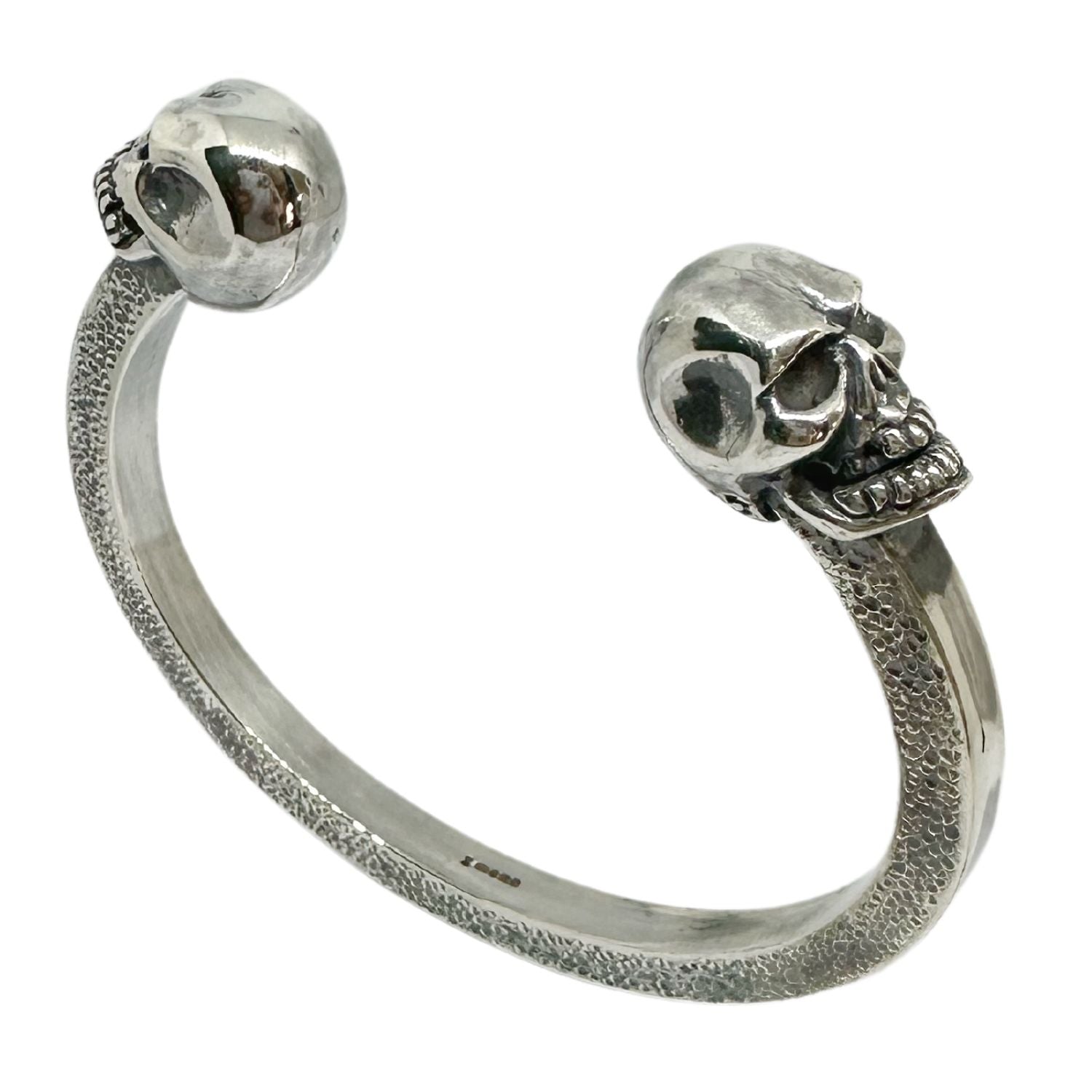 Men's Solid Rigid Skull Bangle in Sterling Silver 925 — Full View — Recycled Silver Bangle with Hand Carved Skull Face — One of a Kind — Handmade by Tamara Gervasio