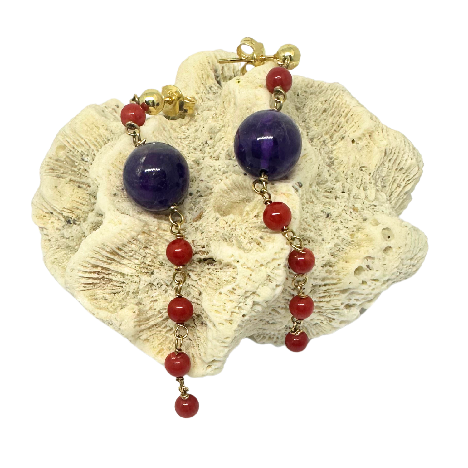 Close-up of natural coral beads on 18ct recycled yellow gold dangle earrings – one of a kind, handcrafted in Cornwall Tg-Jewellery By Tamara Gervasio