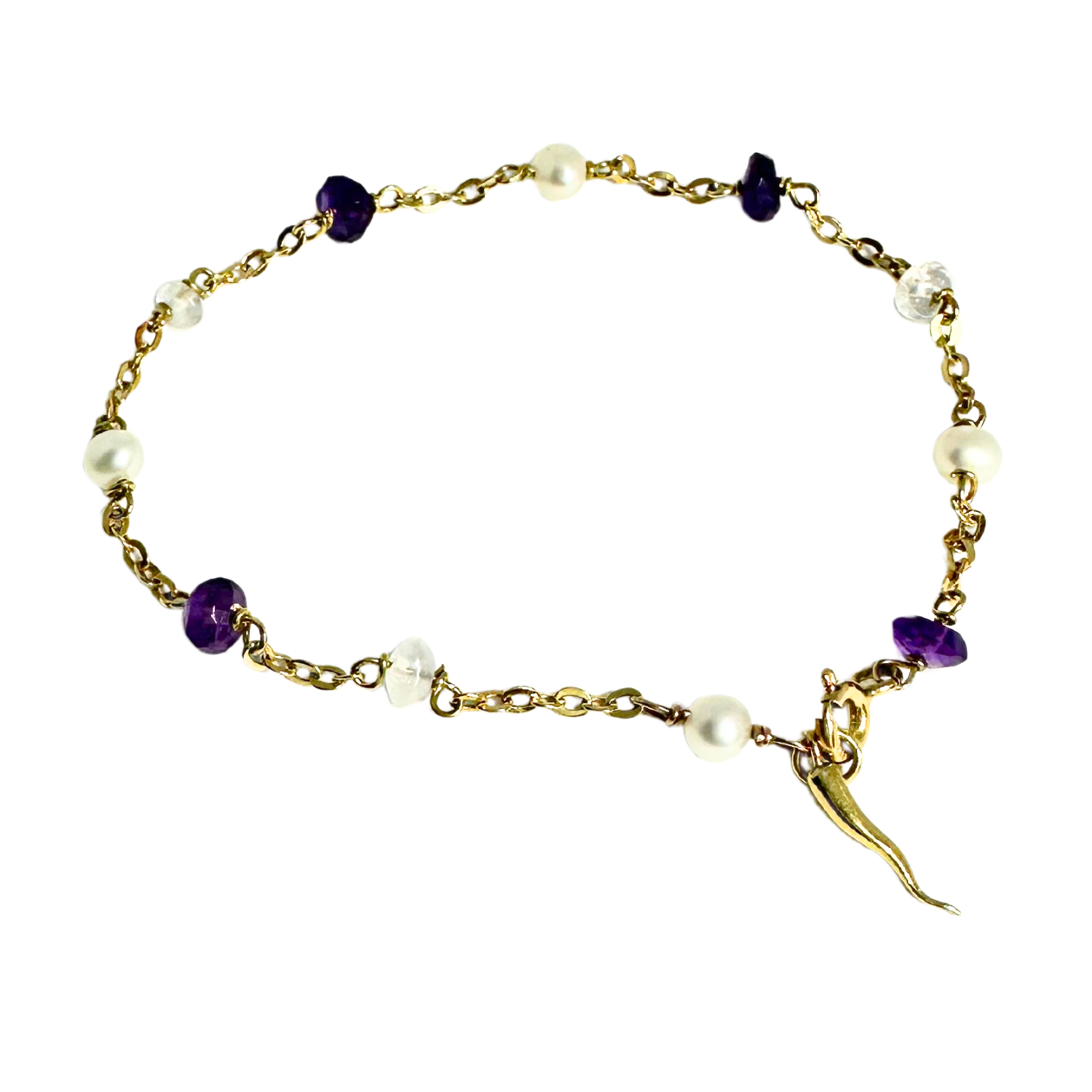 One of a kind 18ct recycled yellow gold bracelet with natural pearls, quartz and amethyst – dangle Horn charm, Italian hallmarked, handcrafted by Tamara Gervasio, Tg-Jewellery