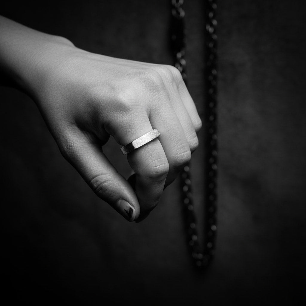 Close-up of a hand wearing a platinum band ring by Tg-jewellery Tamara Gervasio