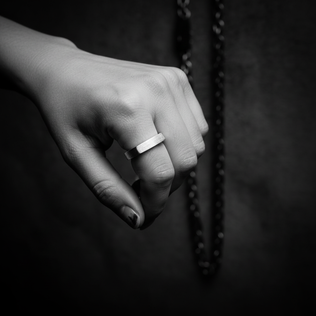Close-up of a hand wearing a platinum band ring by Tg-jewellery Tamara Gervasio
