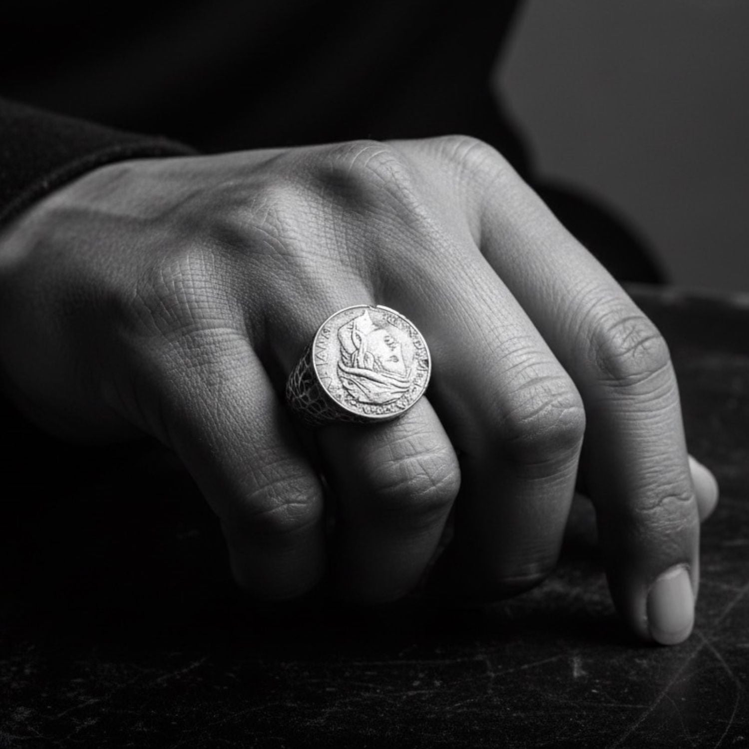 Roman Lira Coin Signet Ring in Sterling Silver 925 — Worn on Hand — Handmade by Tamara Gervasio