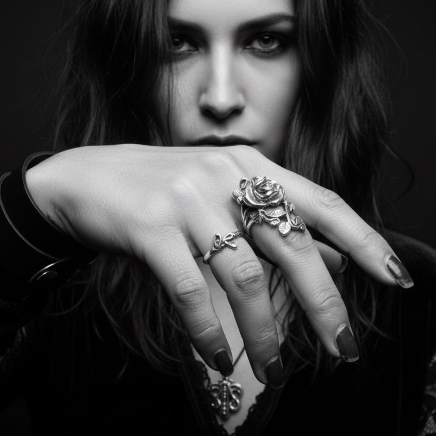 Rosa Gothic Ring in Sterling Silver 925 — Worn on Hand — Sculptural Rose Ring — Handmade by Tamara Gervasio