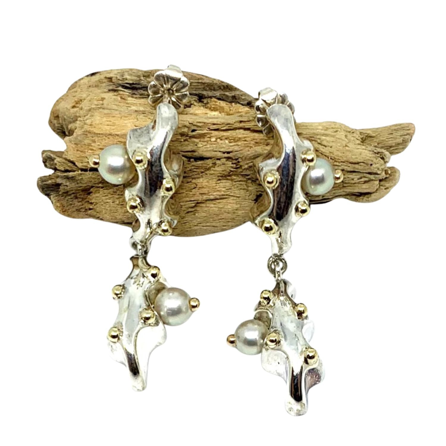 Sea Slug drop earrings showing full 4cm length – handcrafted sculptural silver earrings with pearl and gold