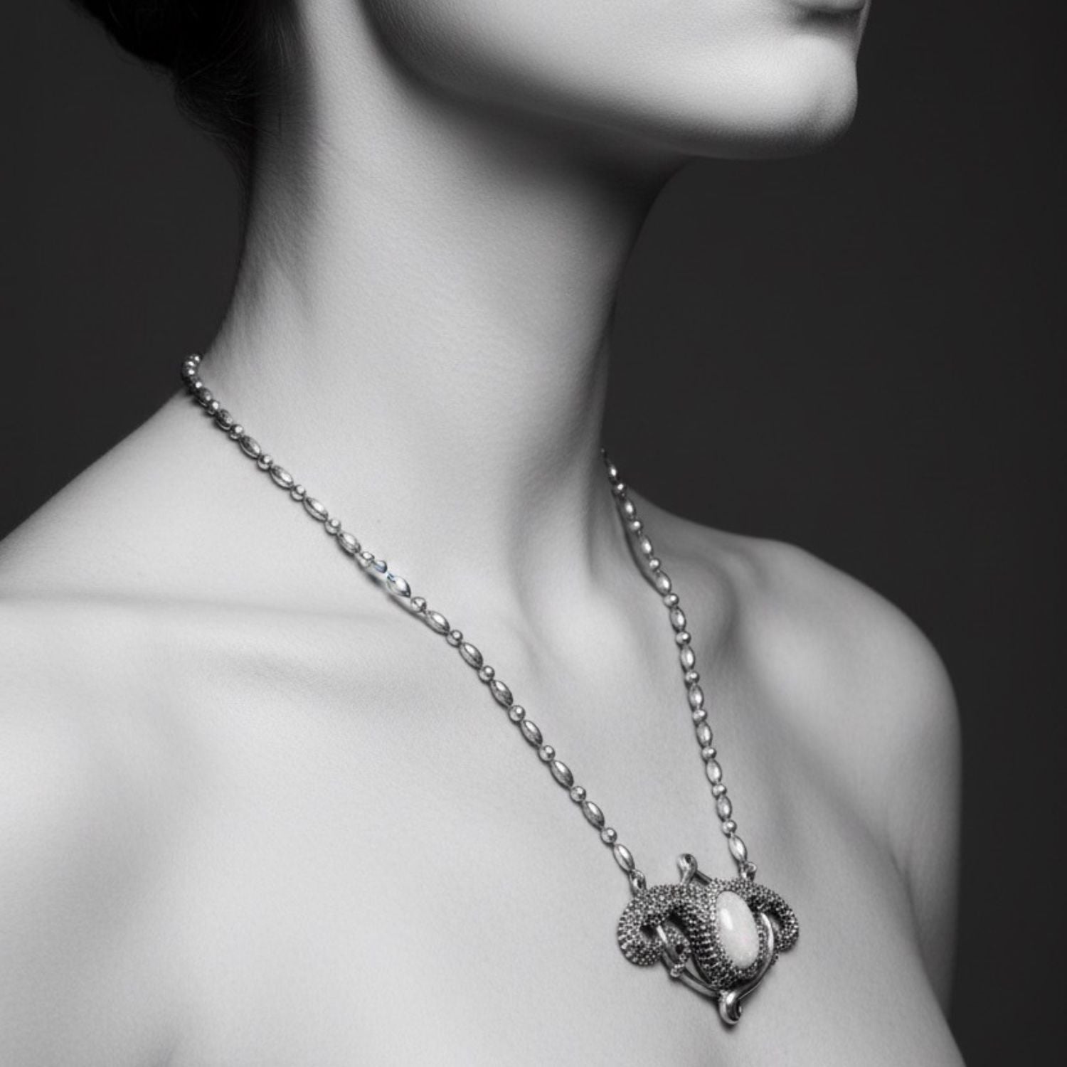 Sea Urchin Pendant Necklace worn – handcrafted sterling silver 925 with 3ct fire opal cabochon, oxidised and polished finish