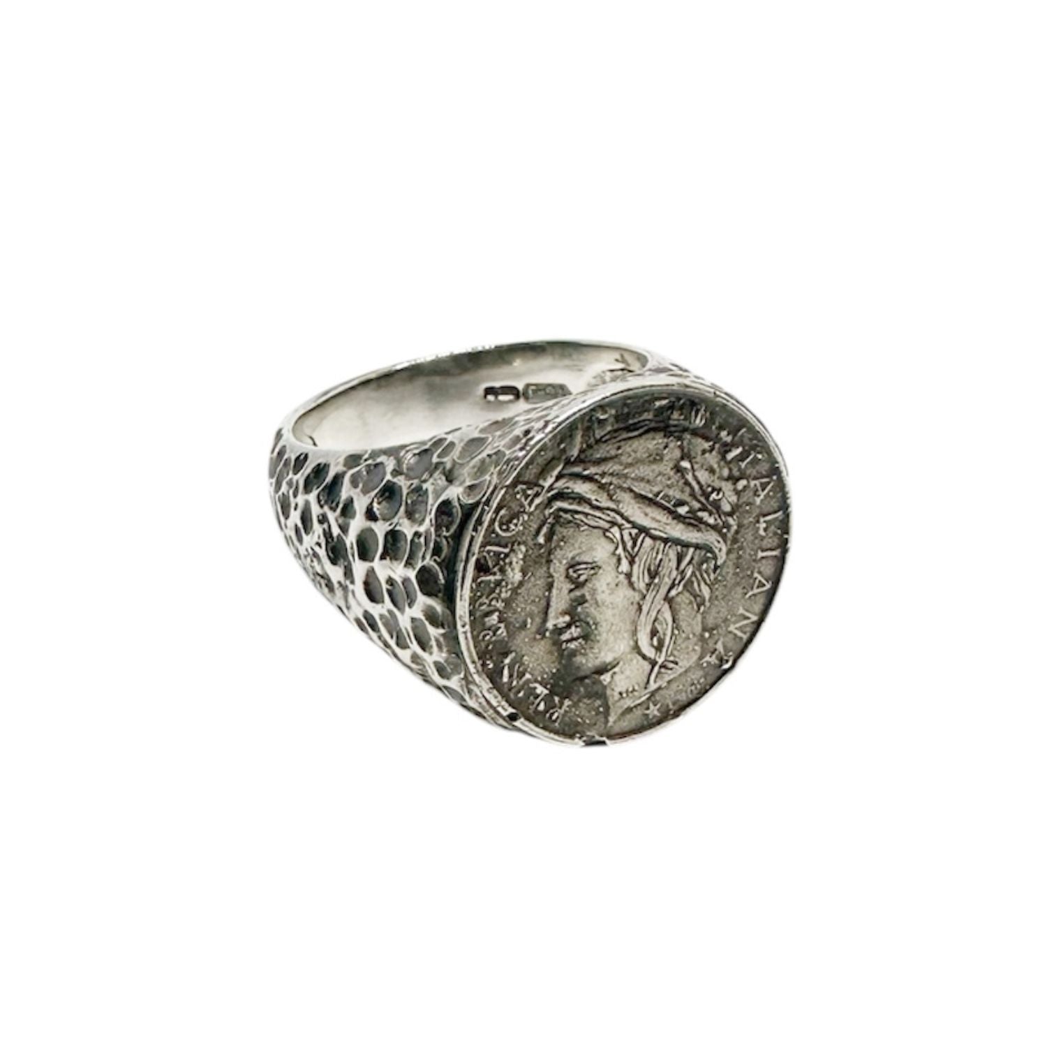 Roman Lira Coin Signet Ring in Sterling Silver 925 — Front View — Handmade by Tamara Gervasio