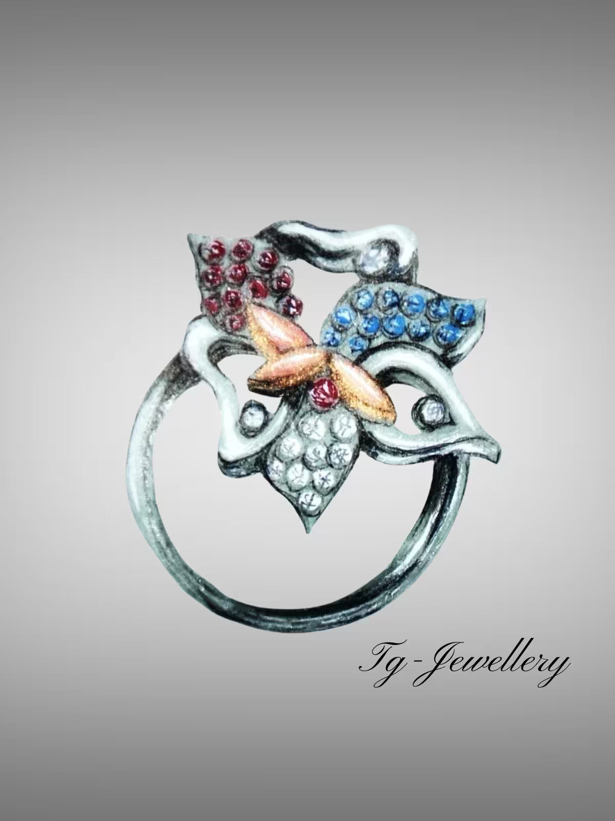 Sketch of white gold and rose-toned ring featuring a stylized flower design adorned with ruby, sapphire, and diamonds gemstones Tg-Jewellery.